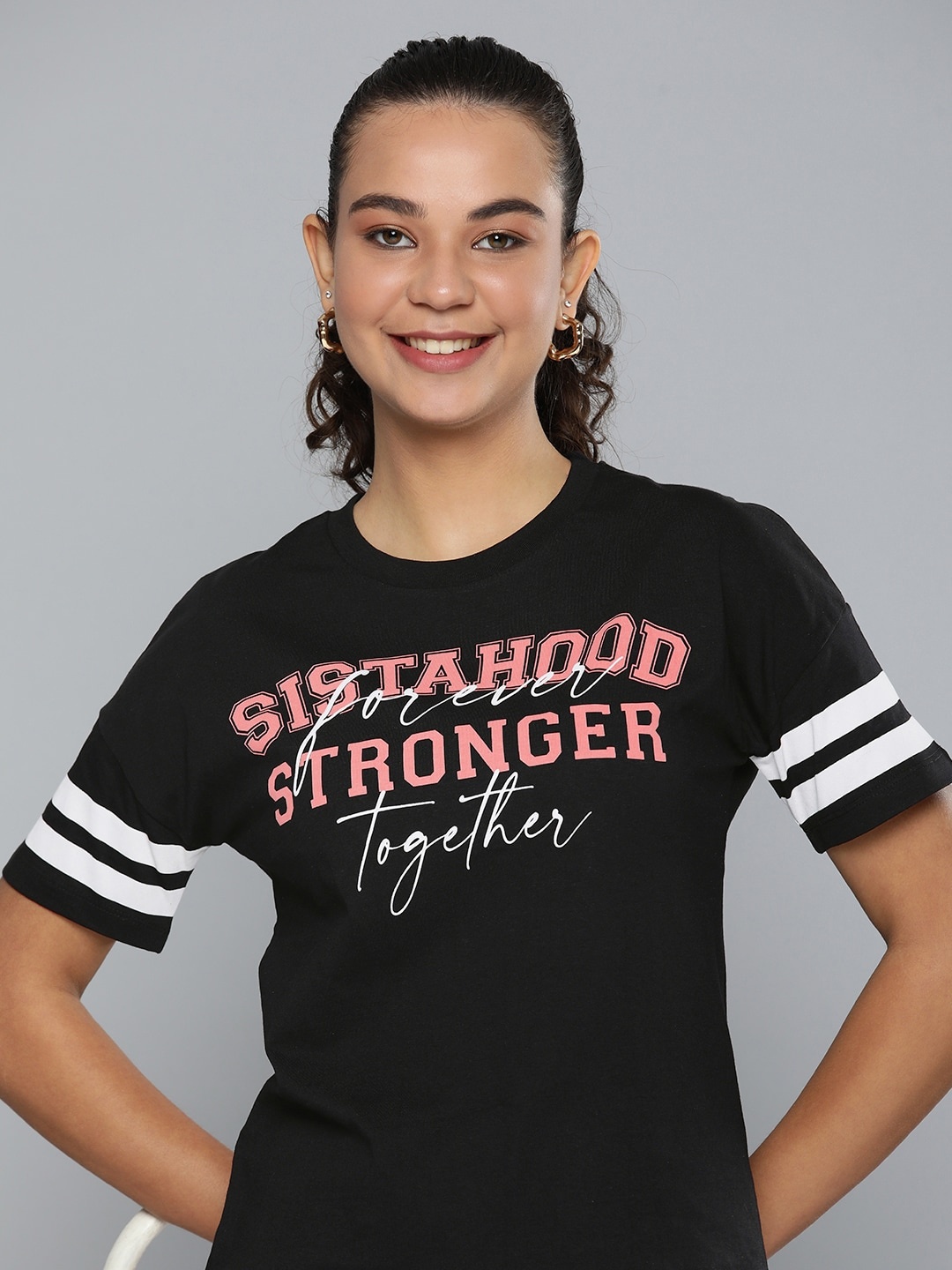 

HERE&NOW Women Black Typography Printed Pure Cotton T-shirt
