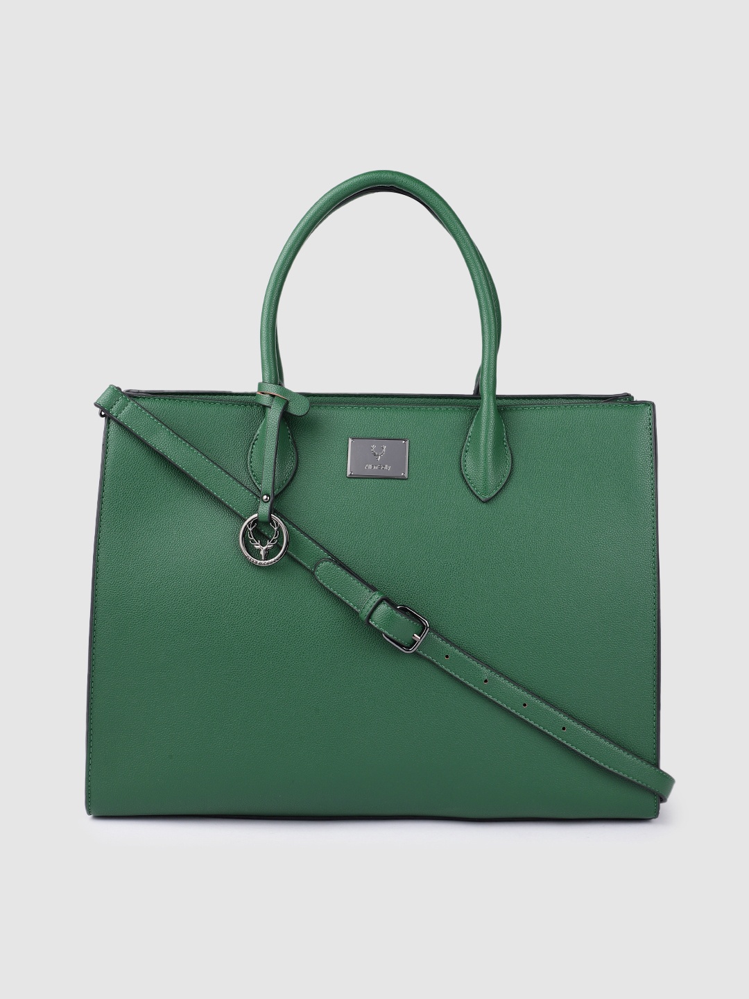 

Allen Solly Green Solid PU Regular Structured Handheld Bag with Brand Logo Tassel