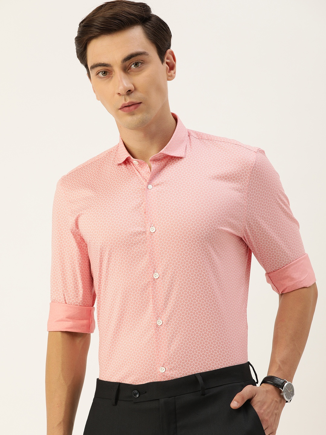 

Peter England Men Pink Abstract Printed Tailored Fit Formal Shirt