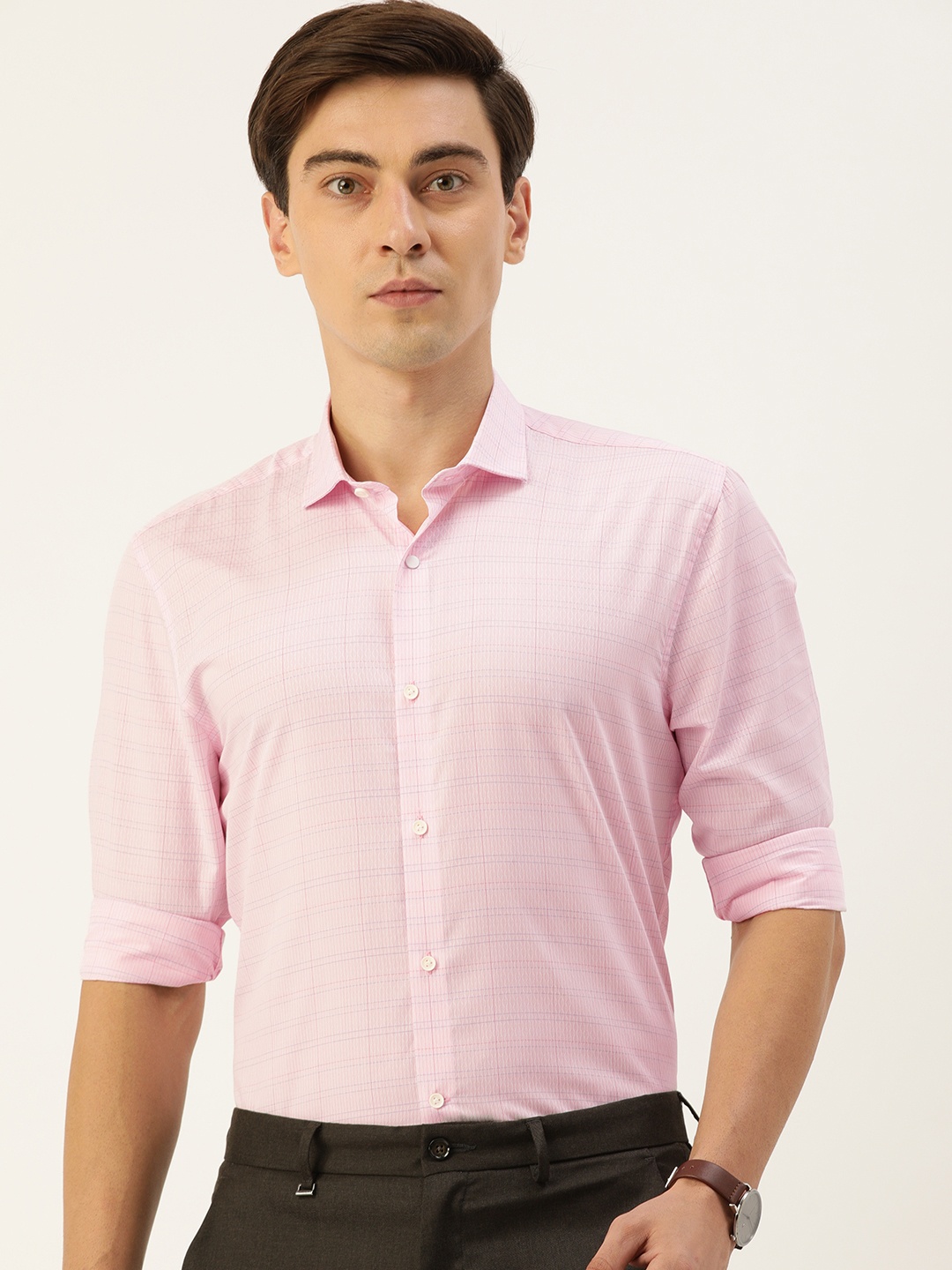

Peter England Men Pink Tailored Fit Checked Formal Shirt