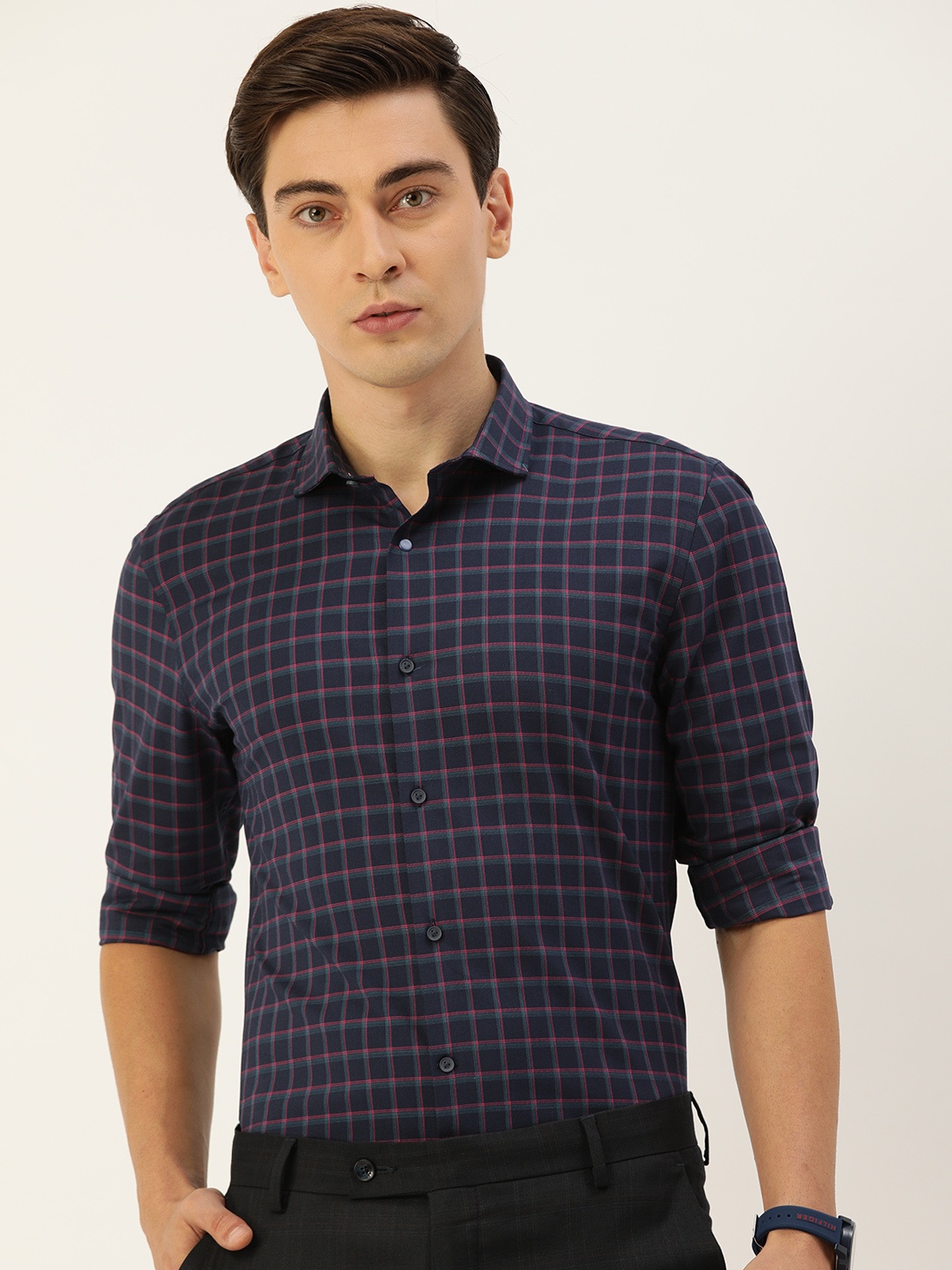 

Peter England Men Navy Blue Grid Tattersall Checks Sport Tailored Fit Casual Shirt