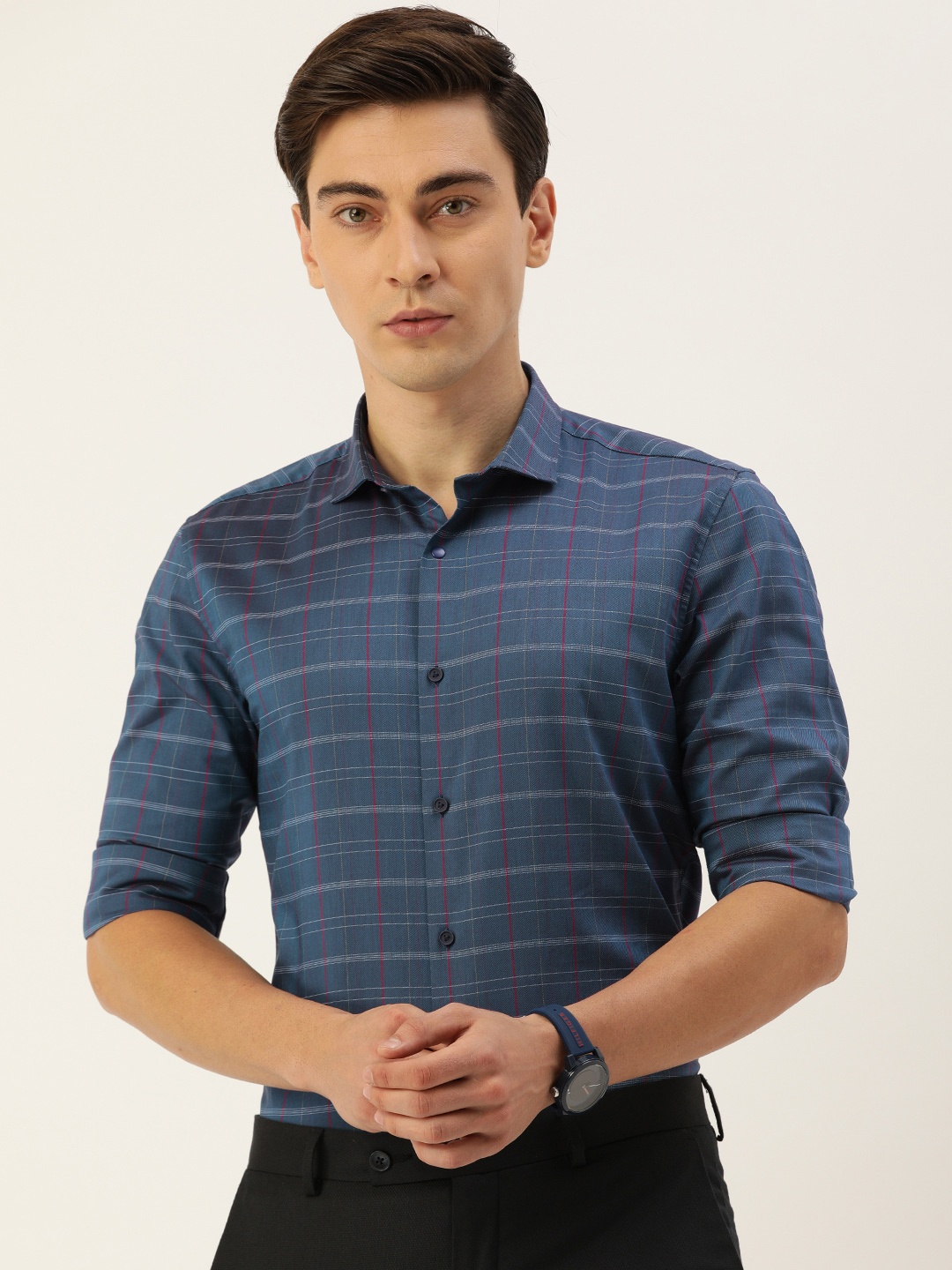

Peter England Men Navy Blue Checks Sport Tailored Fit Casual Shirt