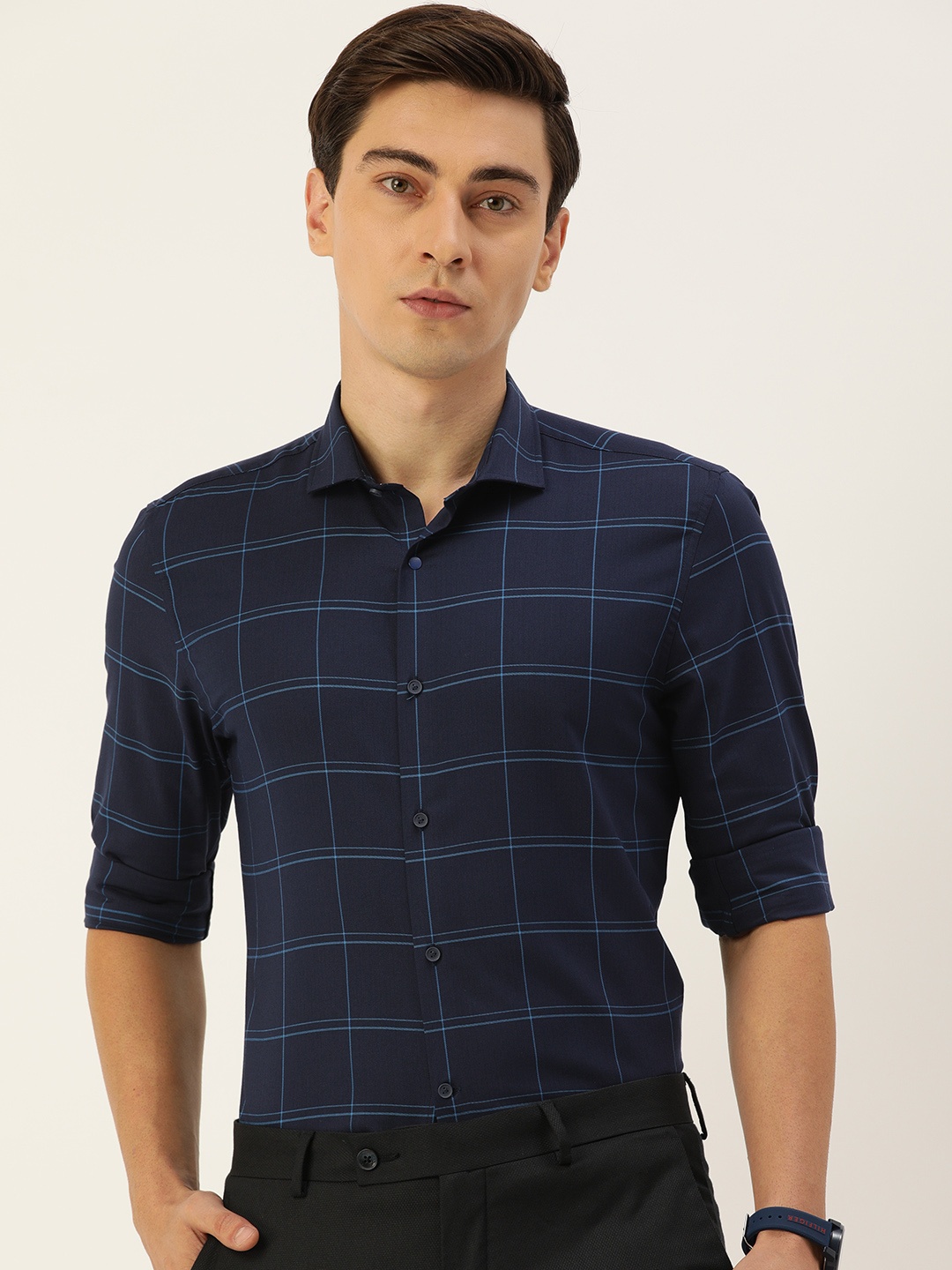 

Peter England Men Navy Blue Windowpane Checks Sport Tailored Fit Casual Shirt