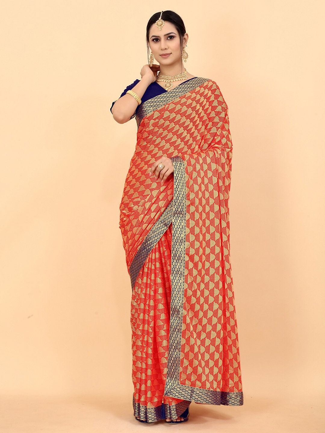 

Fashionuma Red & Blue Geometric Saree