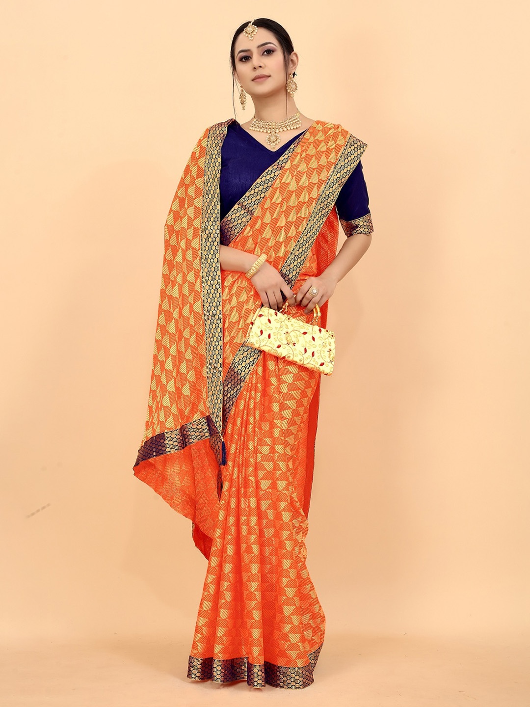 

Fashionuma Orange & Blue Geometric Saree