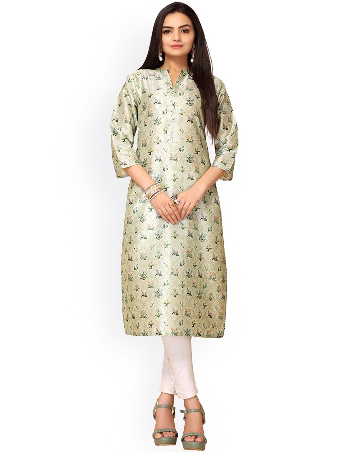 

Nimayaa Women Sea Green Floral Printed Floral Chanderi Silk Kurta