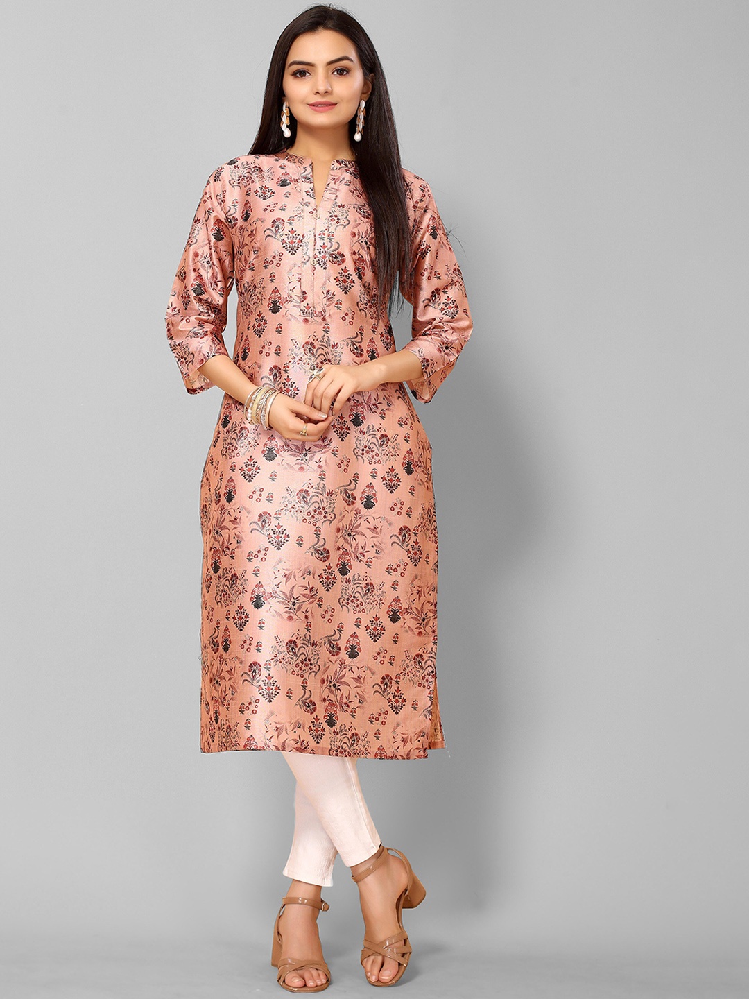

KALINI Women Pink Floral Printed Floral Chanderi Silk Kurta
