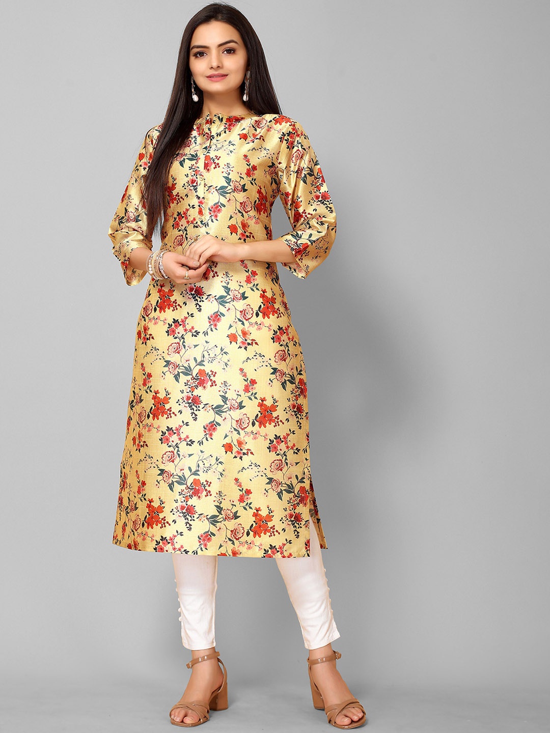 

KALINI Women Yellow Floral Printed Floral Chanderi Silk Kurta