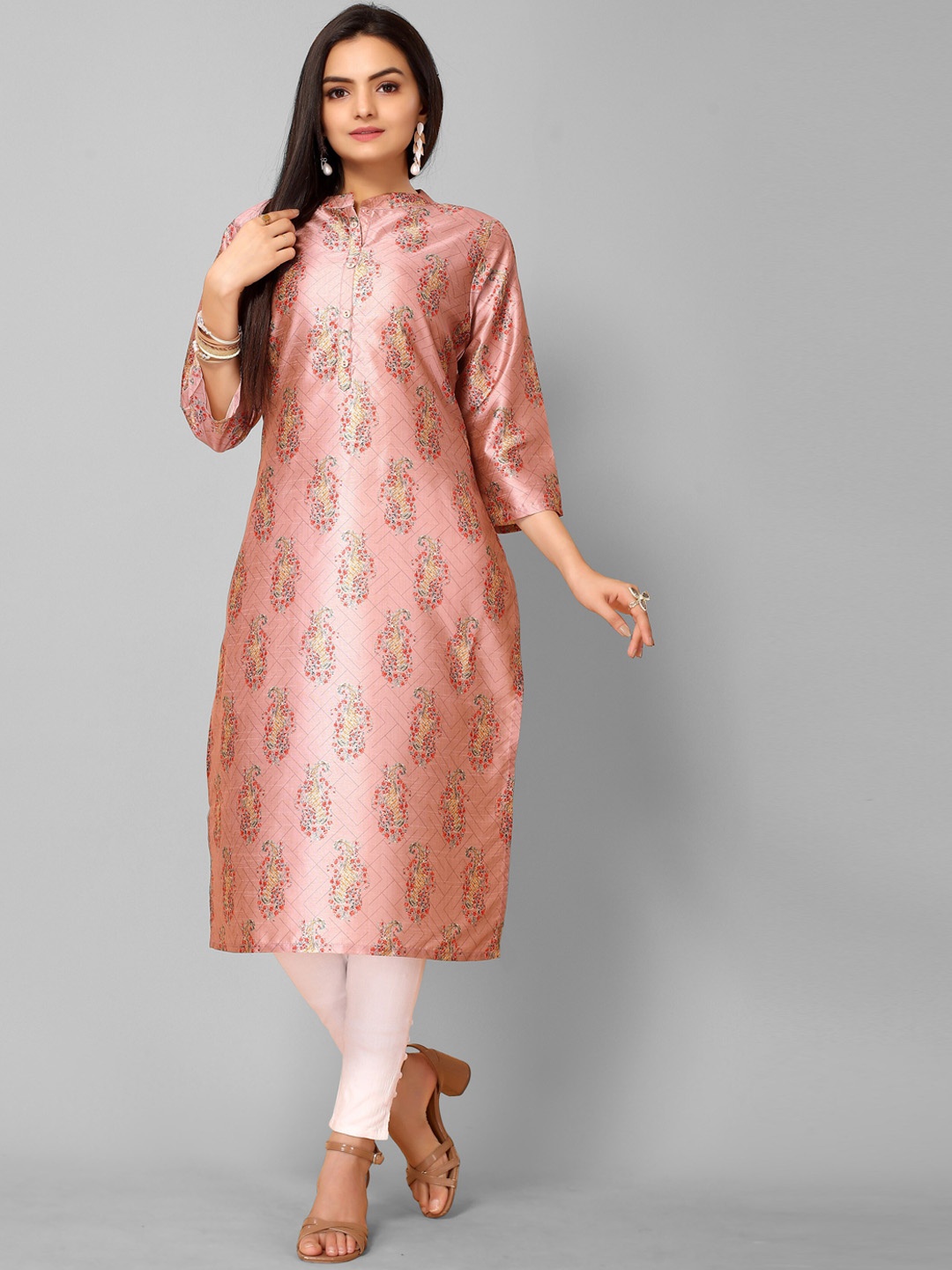 

KALINI Women Pink Ethnic Motifs Embellished Thread Work Floral Chanderi Silk Kurta