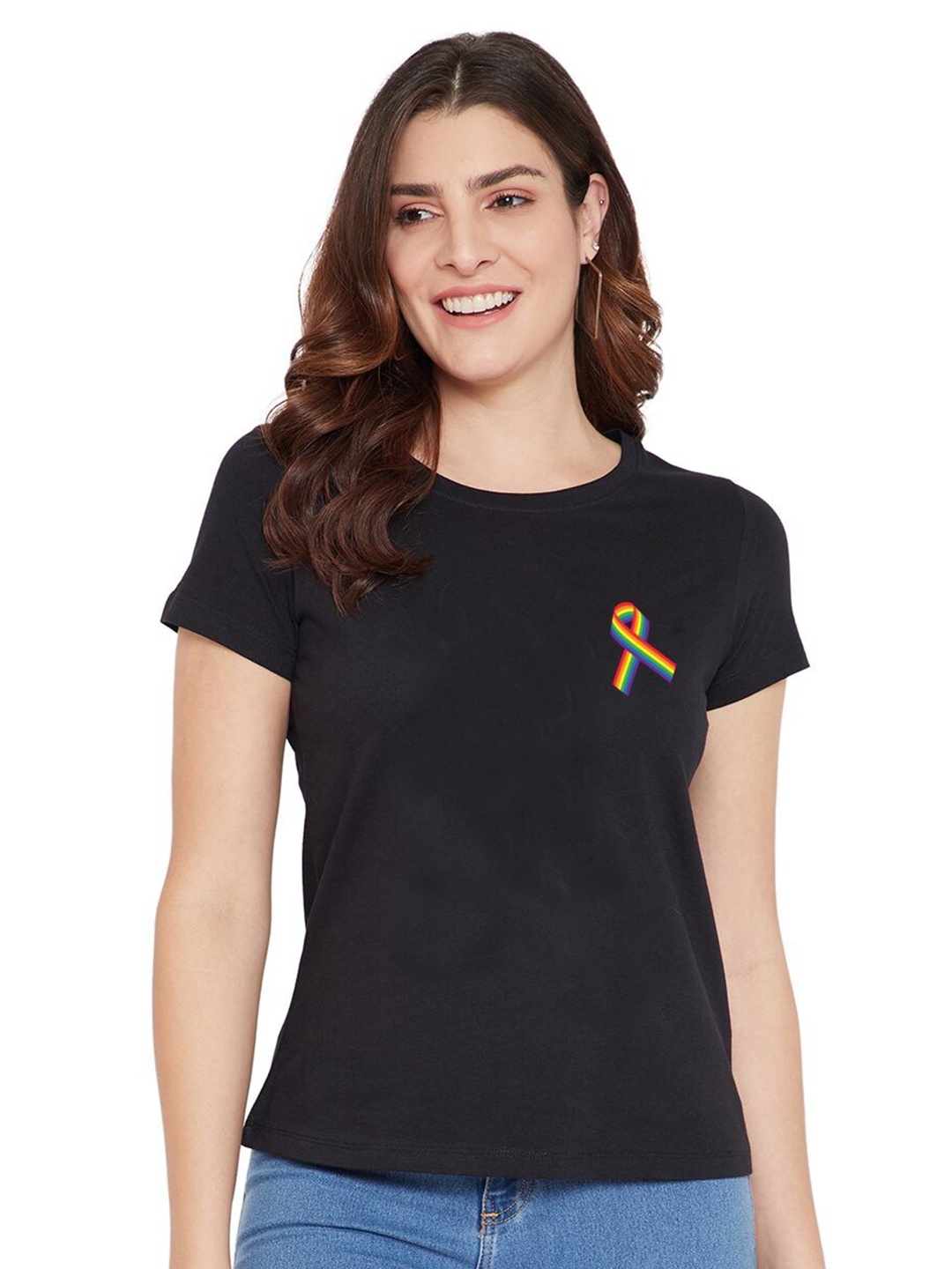

Wear Your Mind Women Black Extended Sleeves Applique T-shirt