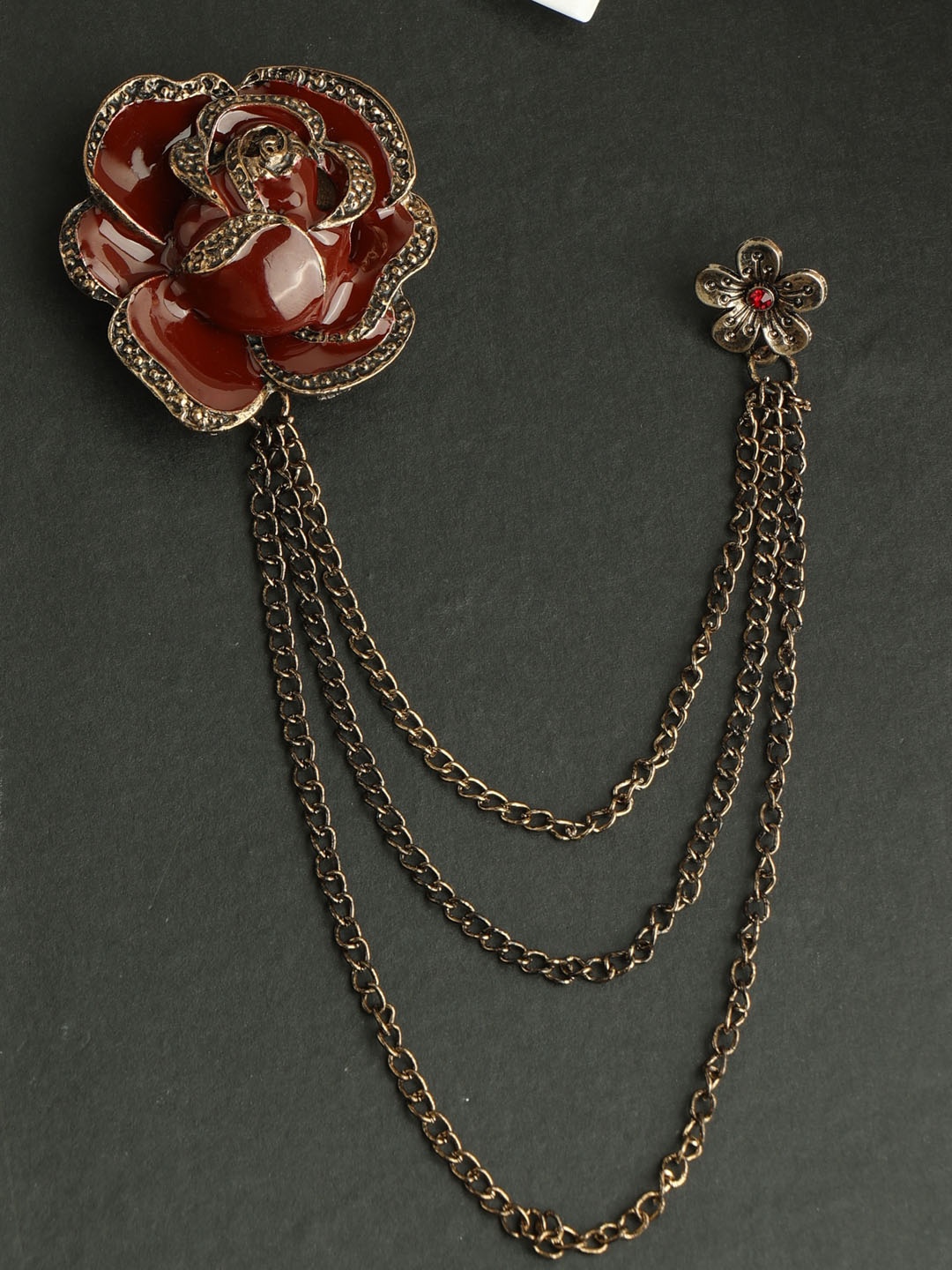 

Alvaro Castagnino Men Gold Toned & Maroon Red Floral Embellishment Brooch