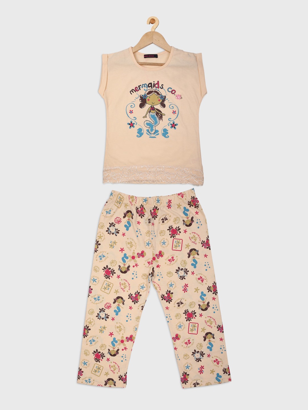 

Nins Moda Girls Off White & Blue Printed Night suit