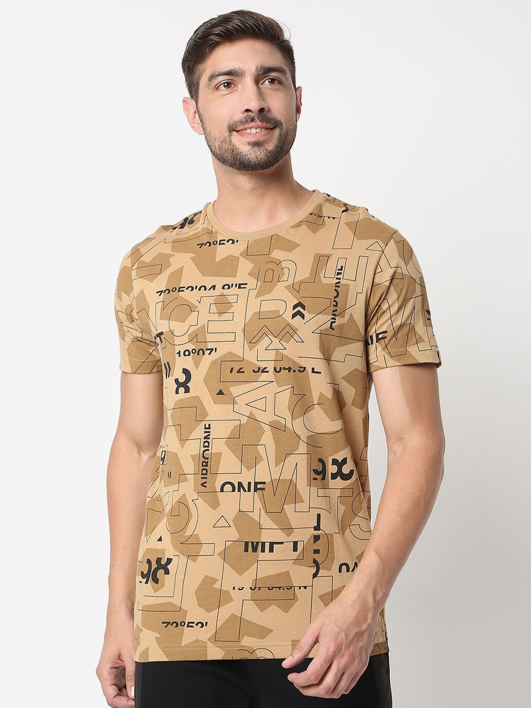 

Mufti Men Olive Green Typography Printed Raw Edge Slim Fit T-shirt