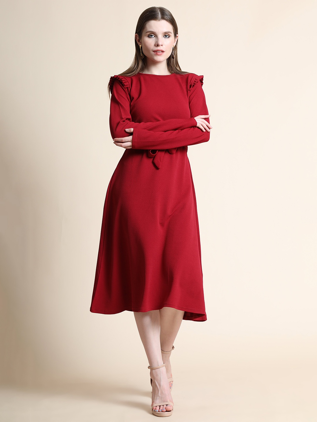 

Velmita Maroon A-Line Midi Dress