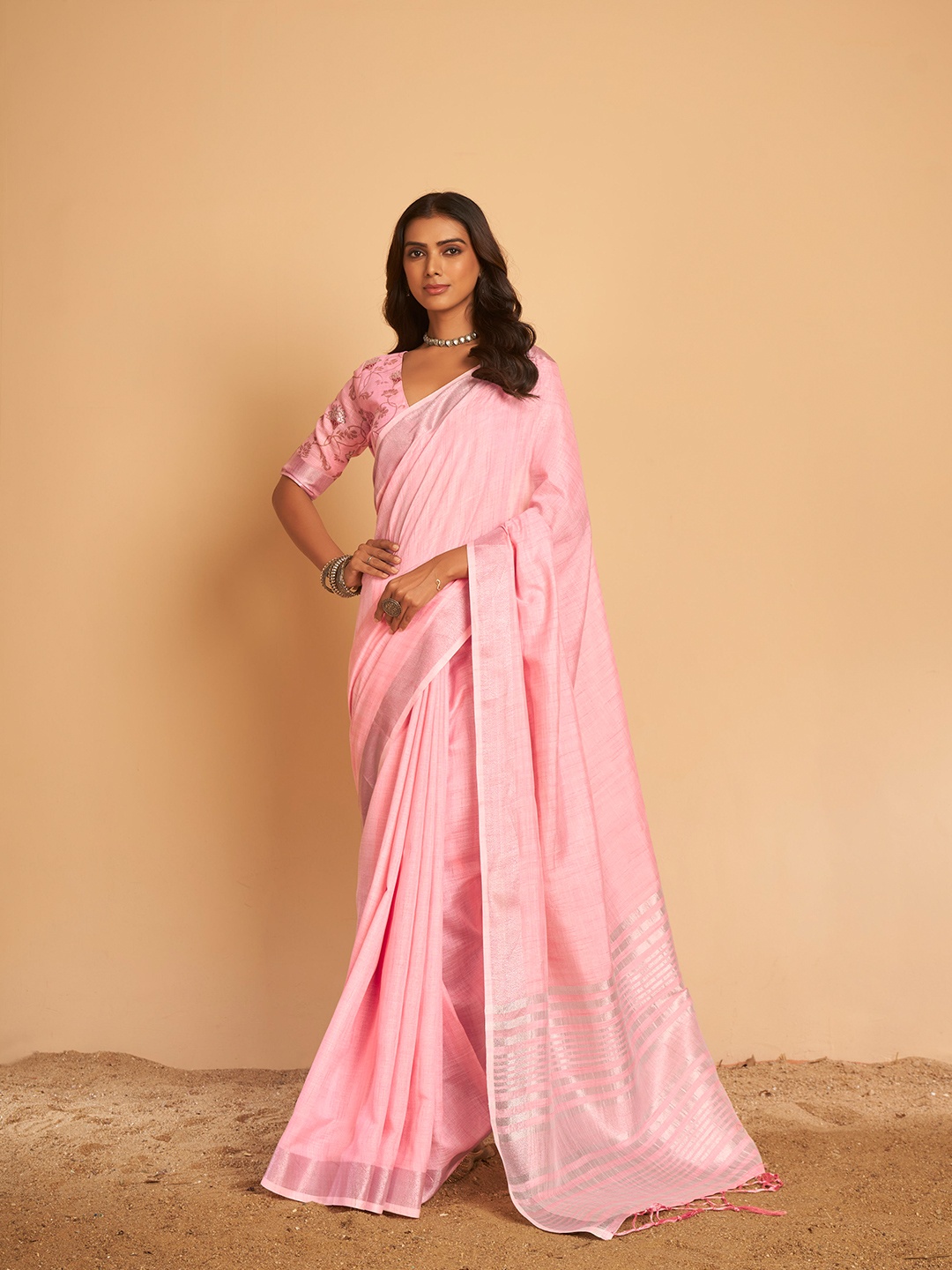 

elora Pink & Silver-Toned Woven Design Linen Blend Bhagalpuri Saree