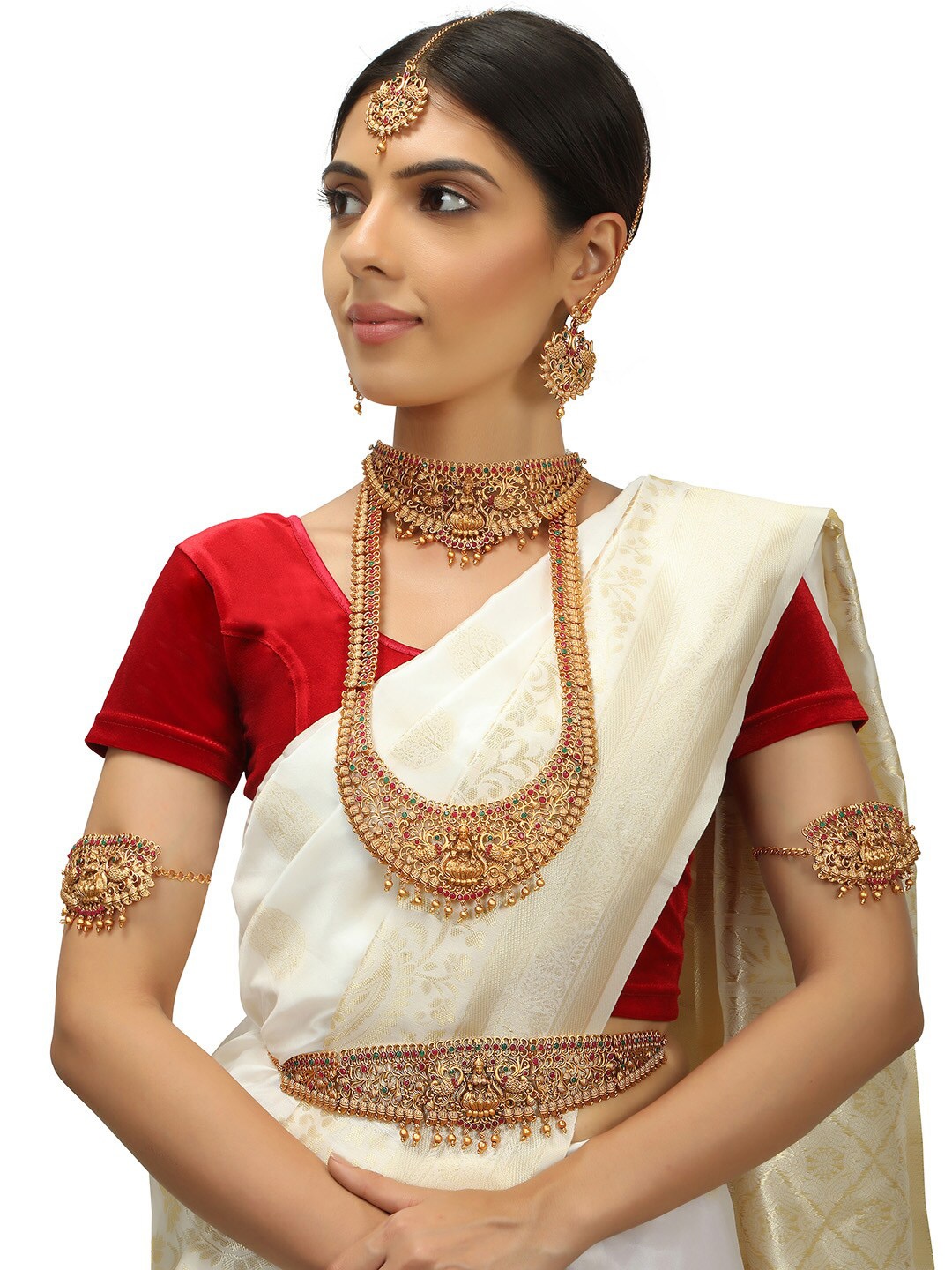 

AccessHer Set of 17 Gold-Plated Red & Green Stones-Studded Bridal Jewellery Set