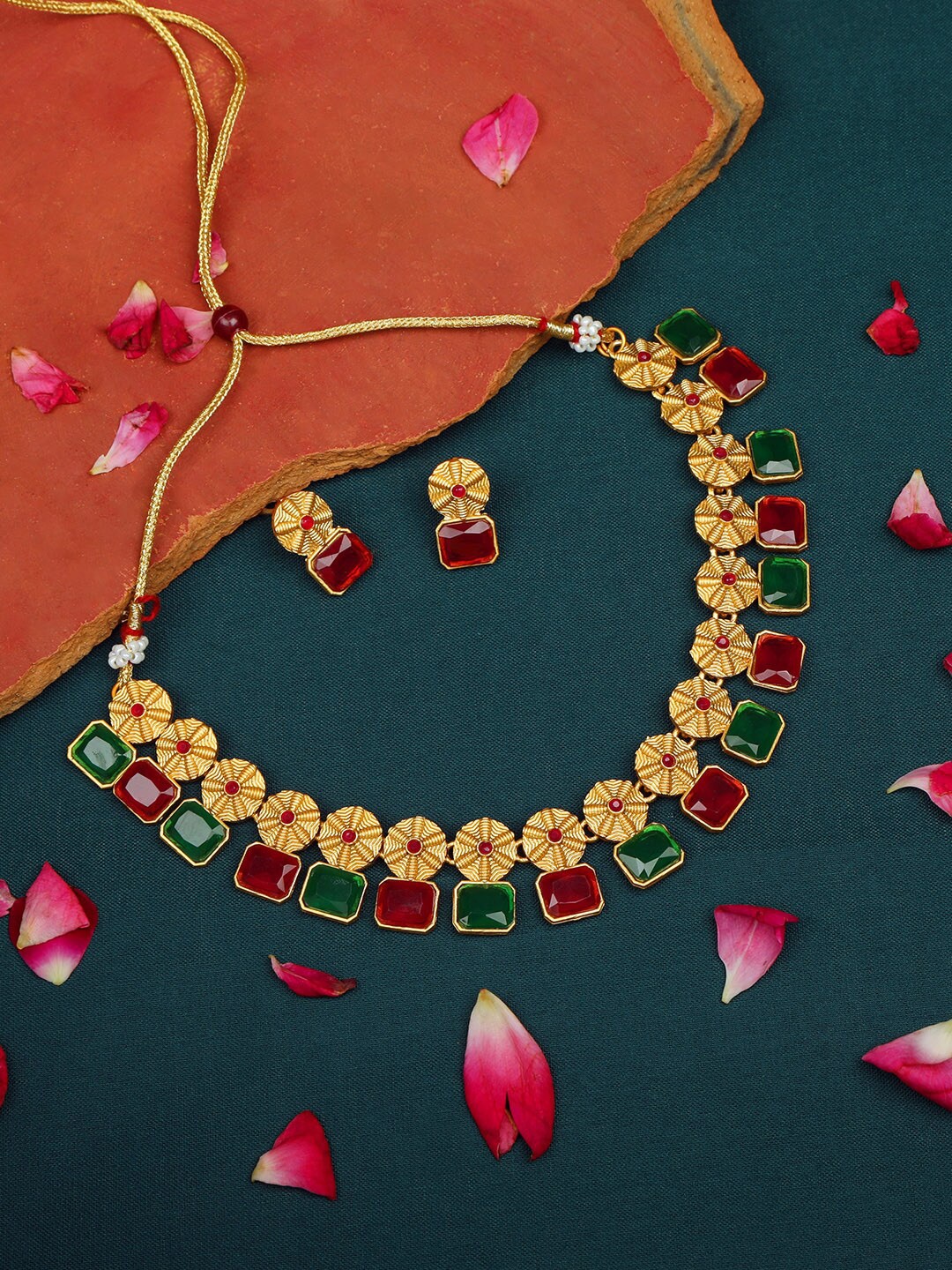 

AccessHer Gold-Plated Red & Green Stone-Studded Jewellery Set