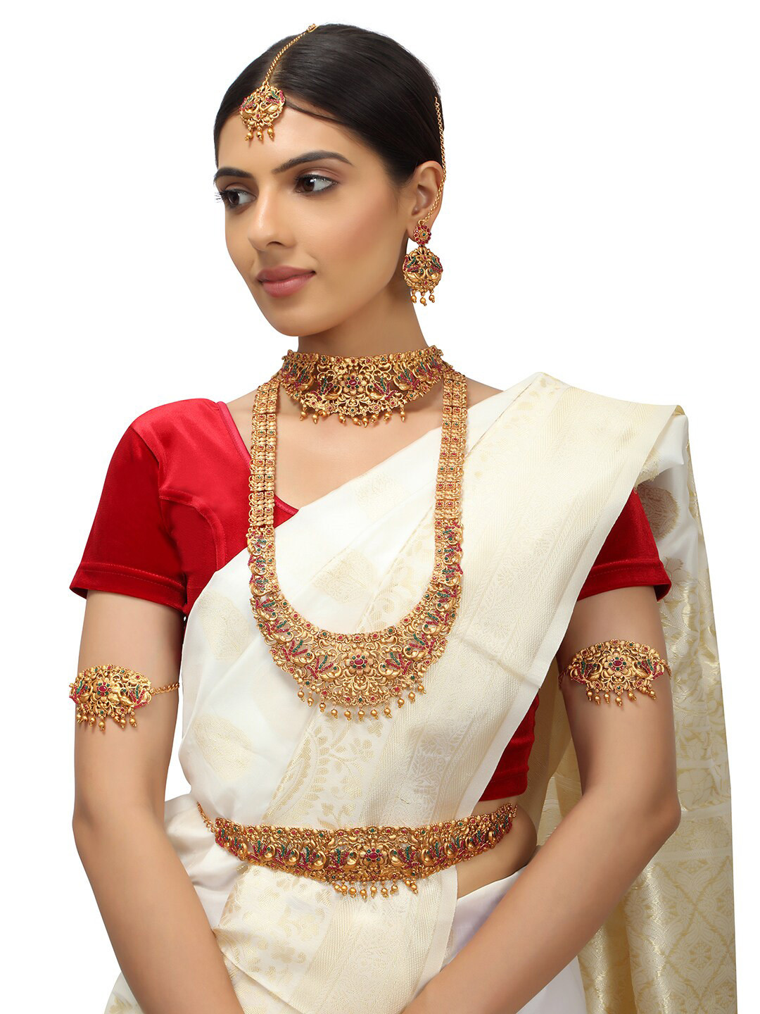 

AccessHer Gold-Plated Red & Green Stones-Studded Bridal Jewellery Set