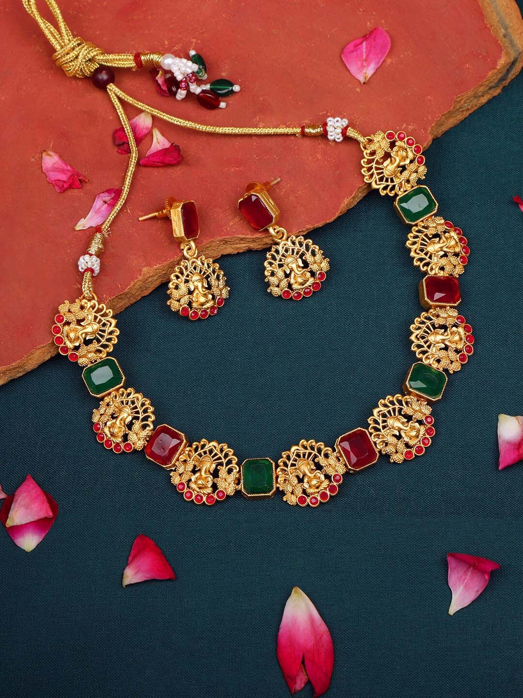 

AccessHer Gold-Plated Red Stone-Studded Temple Jewellery Set