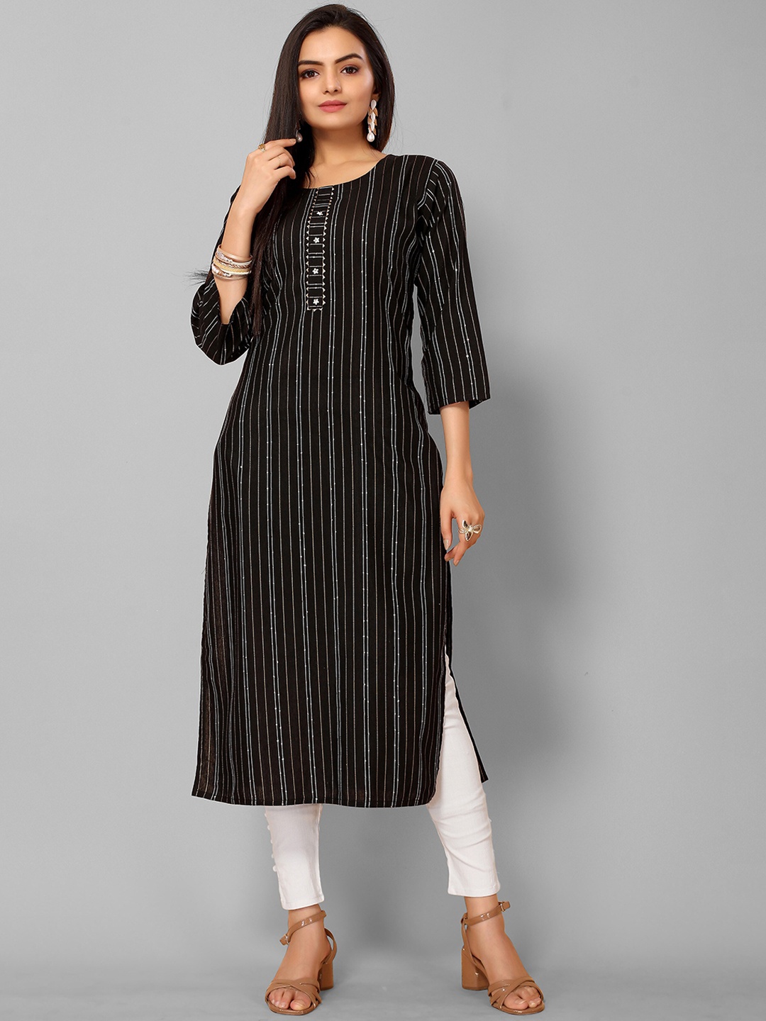 

KALINI Women Black Striped Flared Sleeves Indie Prints Kurta