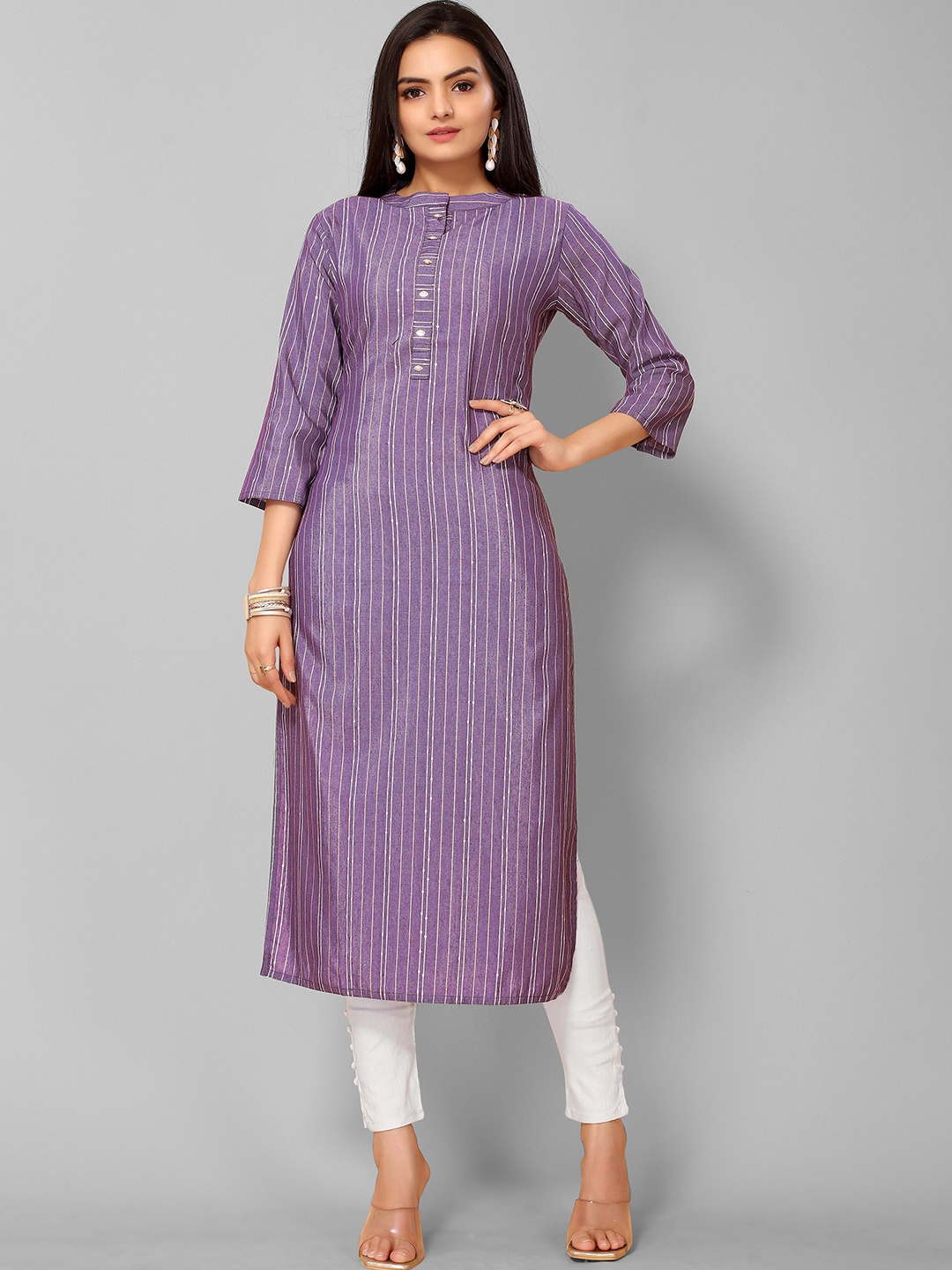 

KALINI Women Mauve Striped Flared Sleeves Indie Prints Kurta