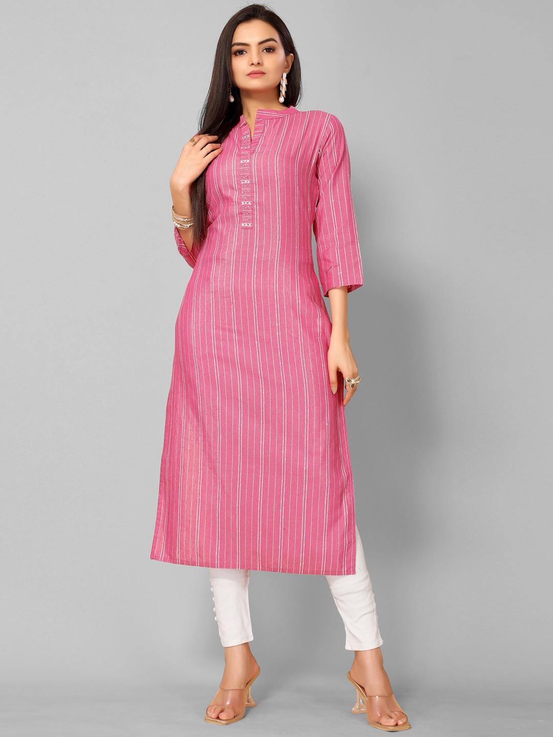 

KALINI Women Pink Striped Flared Sleeves Thread Work Indie Prints Kurta