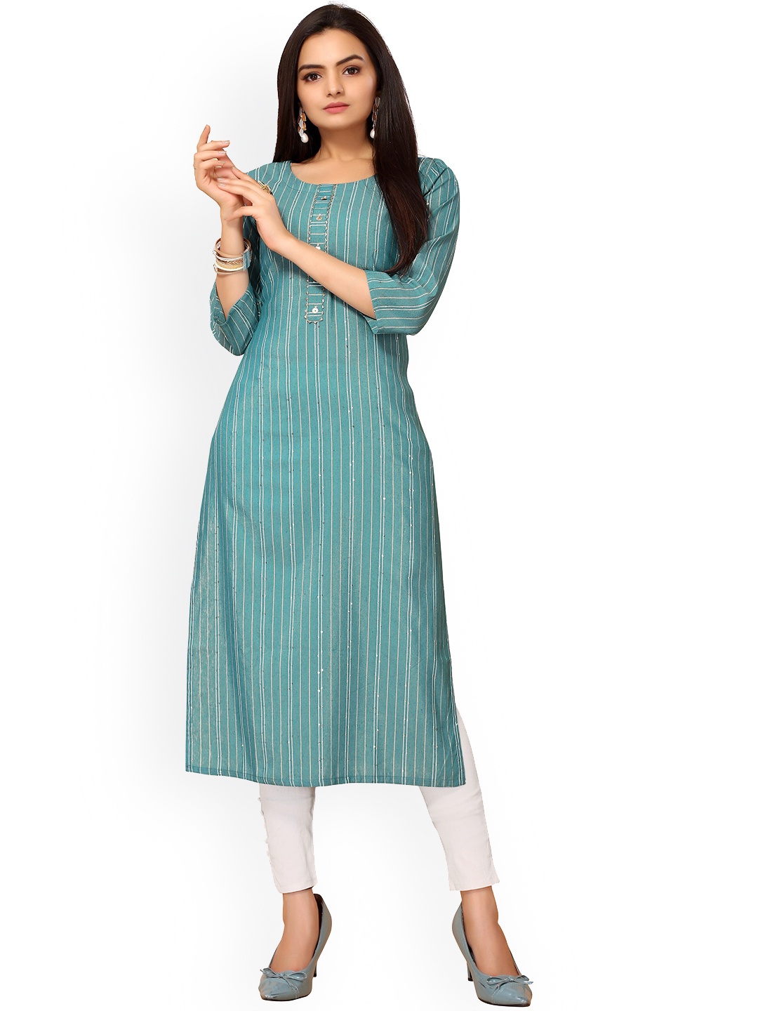 

Nimayaa Women Sea Green Striped Flared Sleeves Indie Prints Kurta