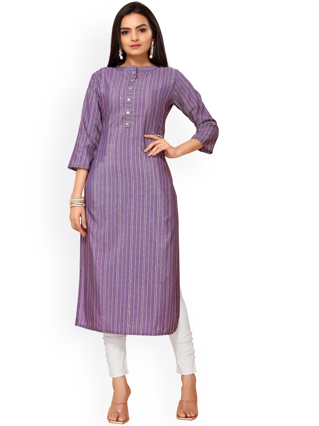 

Nimayaa Women Mauve Striped Flared Sleeves Indie Prints Kurta