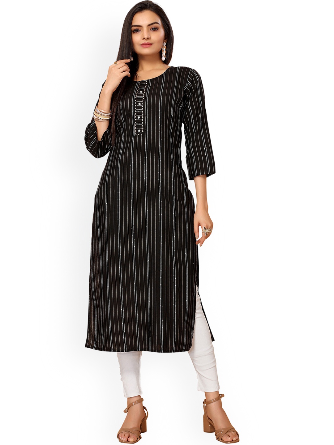 

Nimayaa Women Black Striped Flared Sleeves Indie Prints Kurta