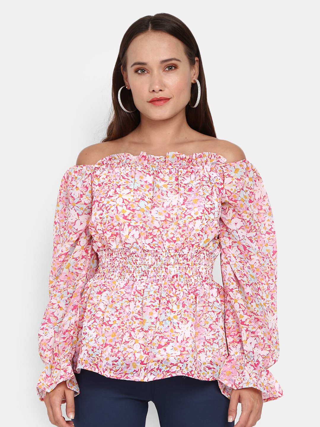 

V-Mart Pink Floral Print Off-Shoulder Bardot Top