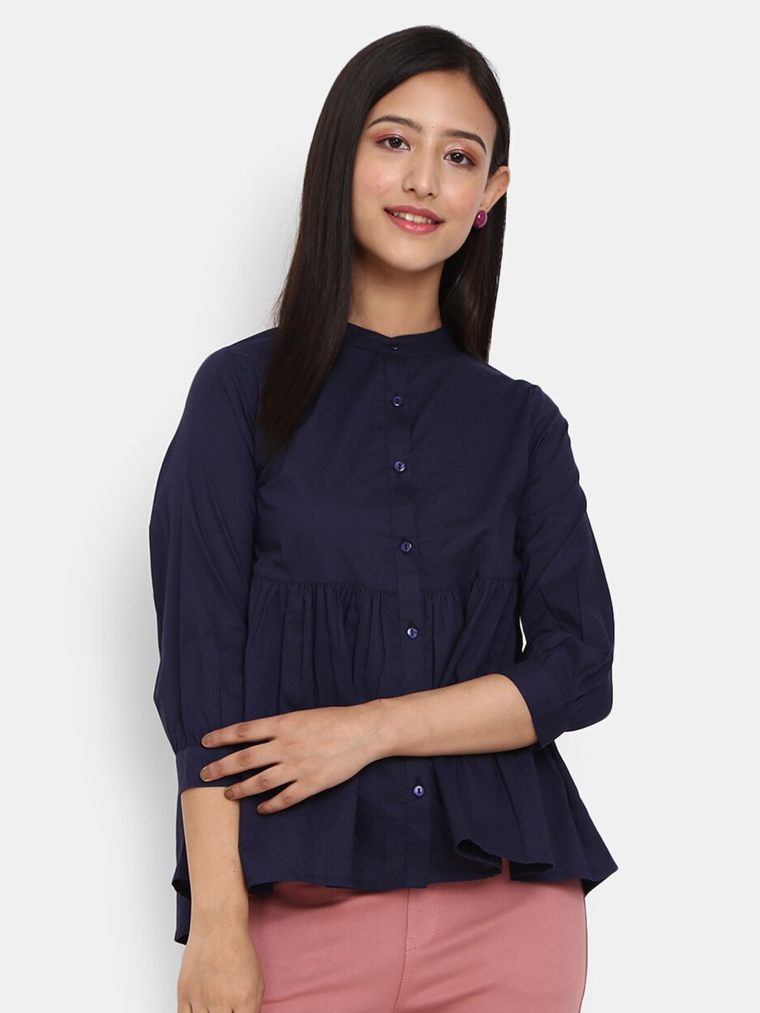 

V-Mart Navy Blue Mandarin Collar Top