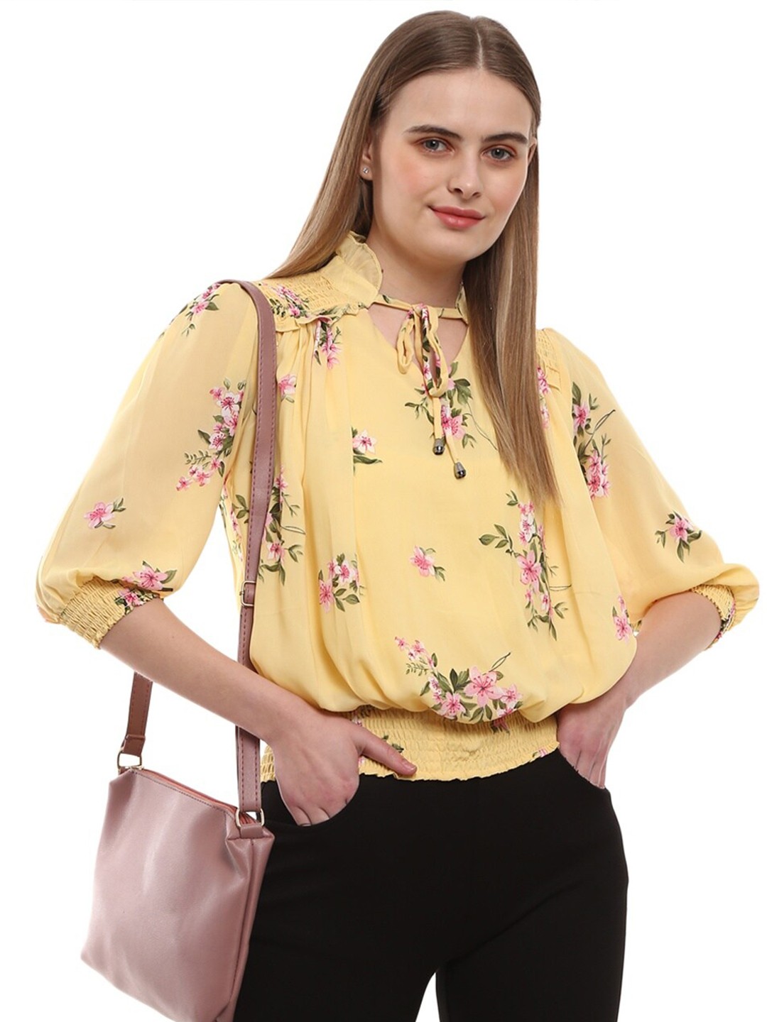 

V-Mart Yellow Floral Print Tie-Up Neck Blouson Top
