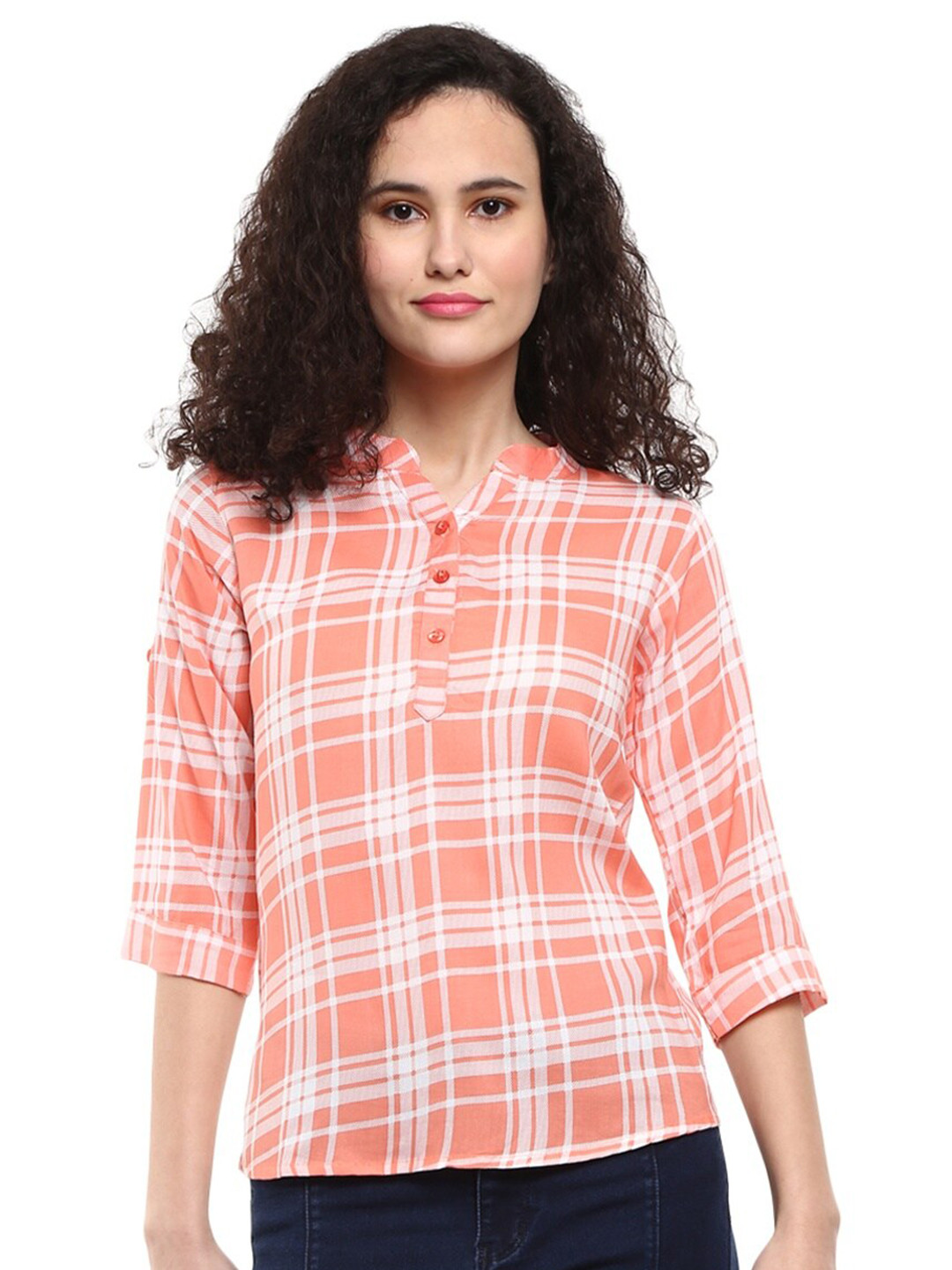 

V-Mart Multicoloured Checked Mandarin Collar Top, Multi