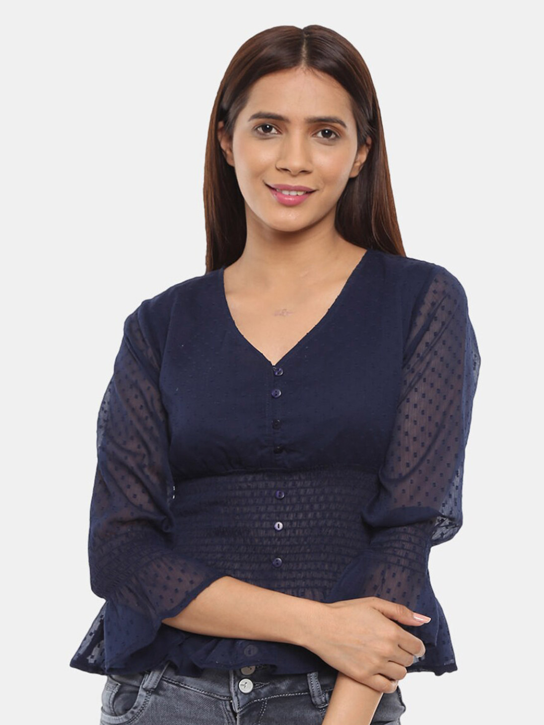 

V-Mart Navy Blue Geometric Top