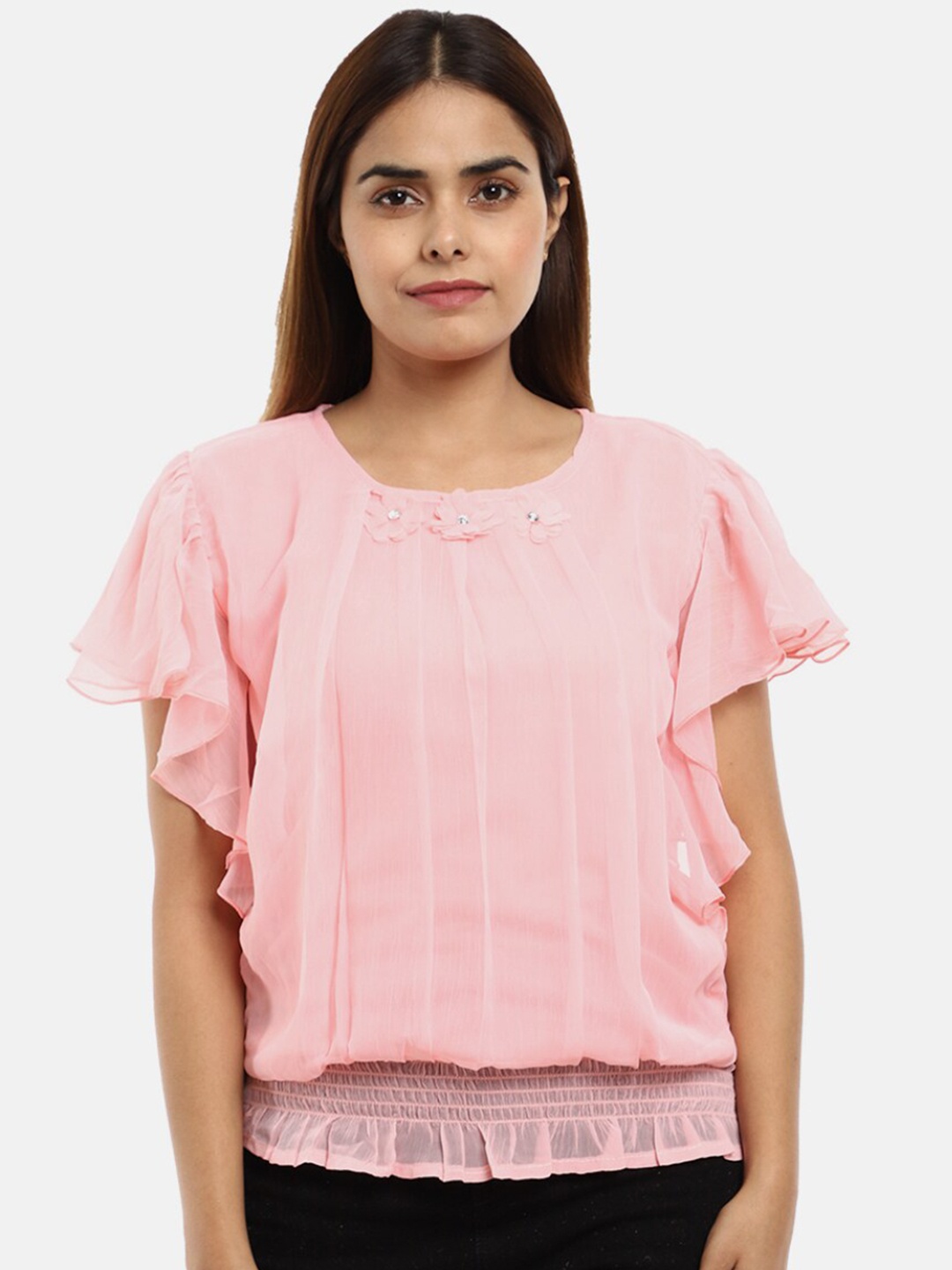 

V-Mart Peach-Coloured Checked Blouson Top