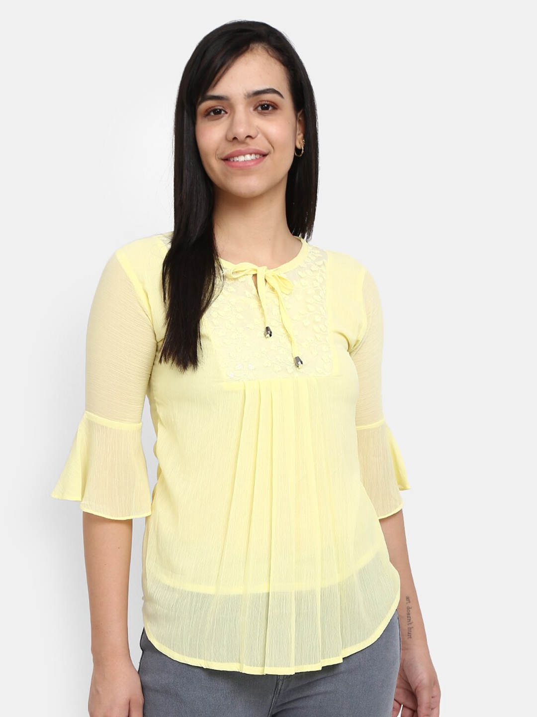 

V-Mart Yellow Tie-Up Neck Top