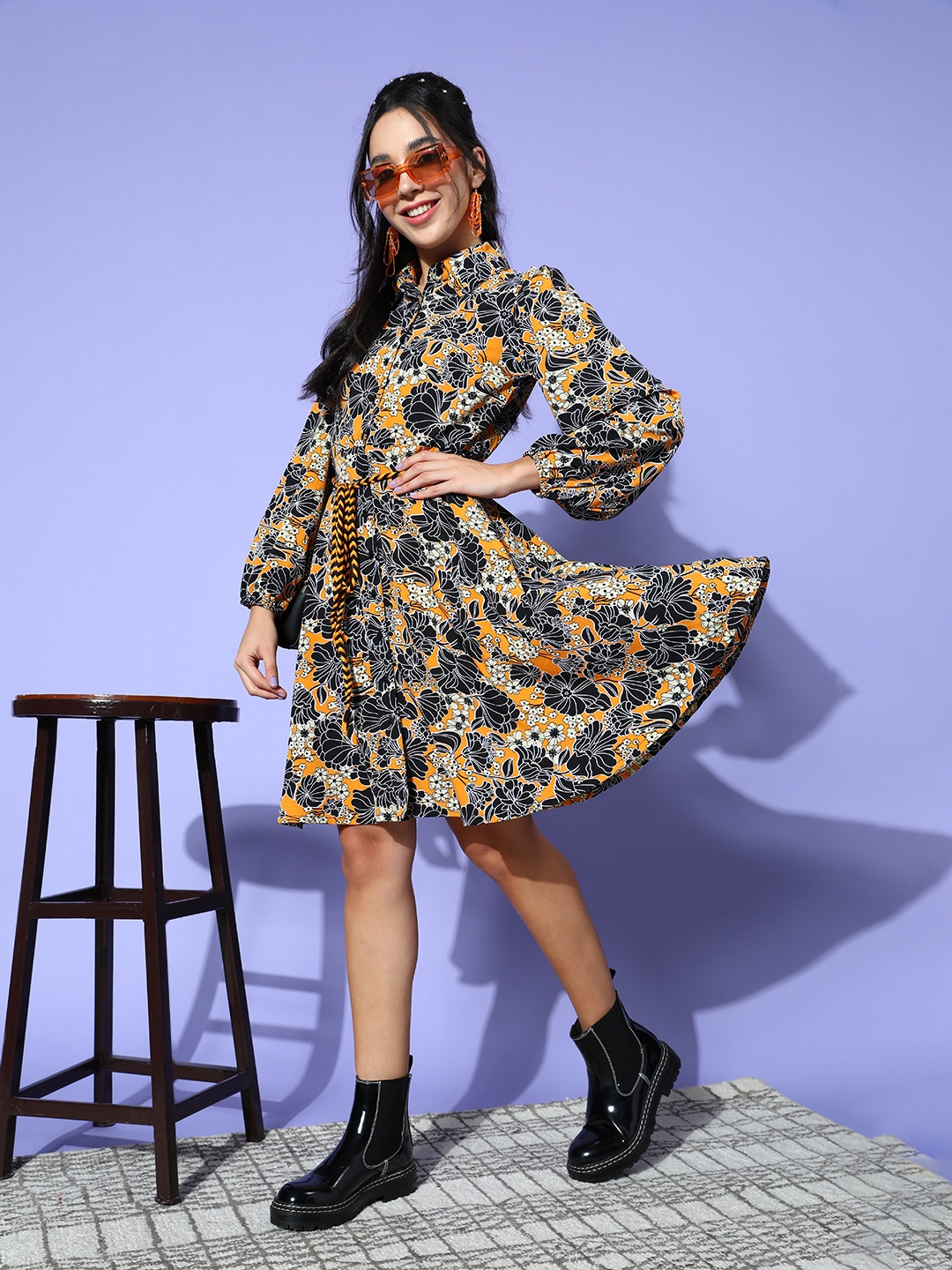 

plusS Women Mustard Floral Retro Optimism Dress