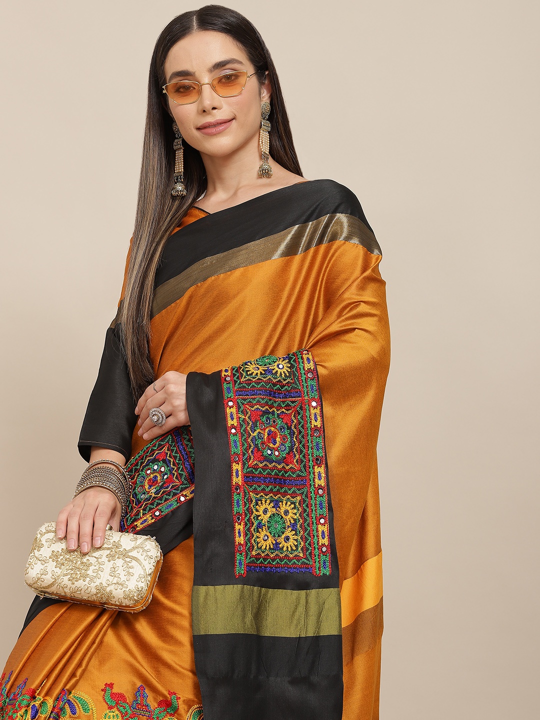 

SERONA FABRICS Mustard & Black Ethnic Motifs Mirror Work Silk Cotton Saree