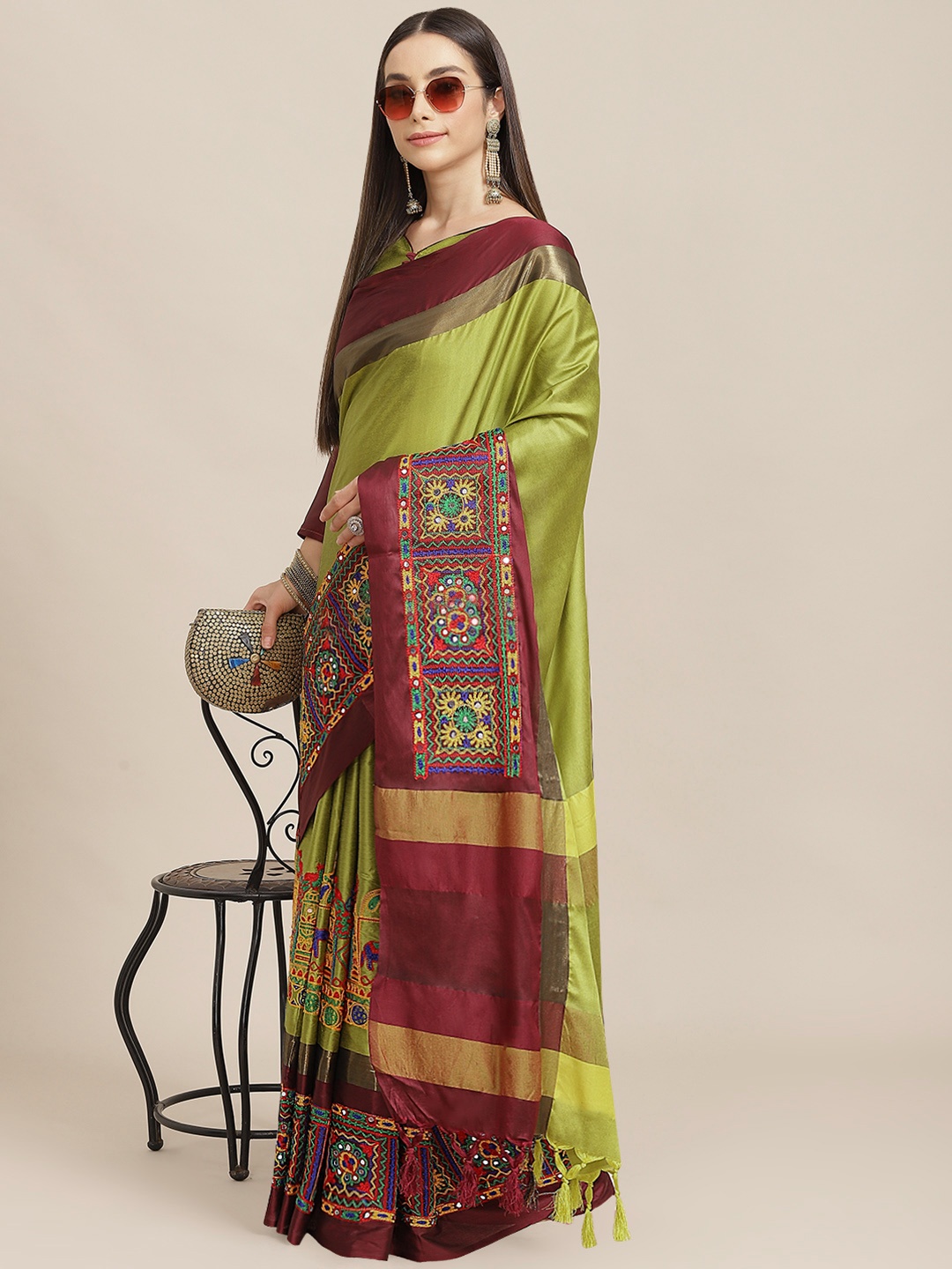 

SERONA FABRICS Lime Green & Maroon Ethnic Motifs Embroidered Silk Cotton Saree