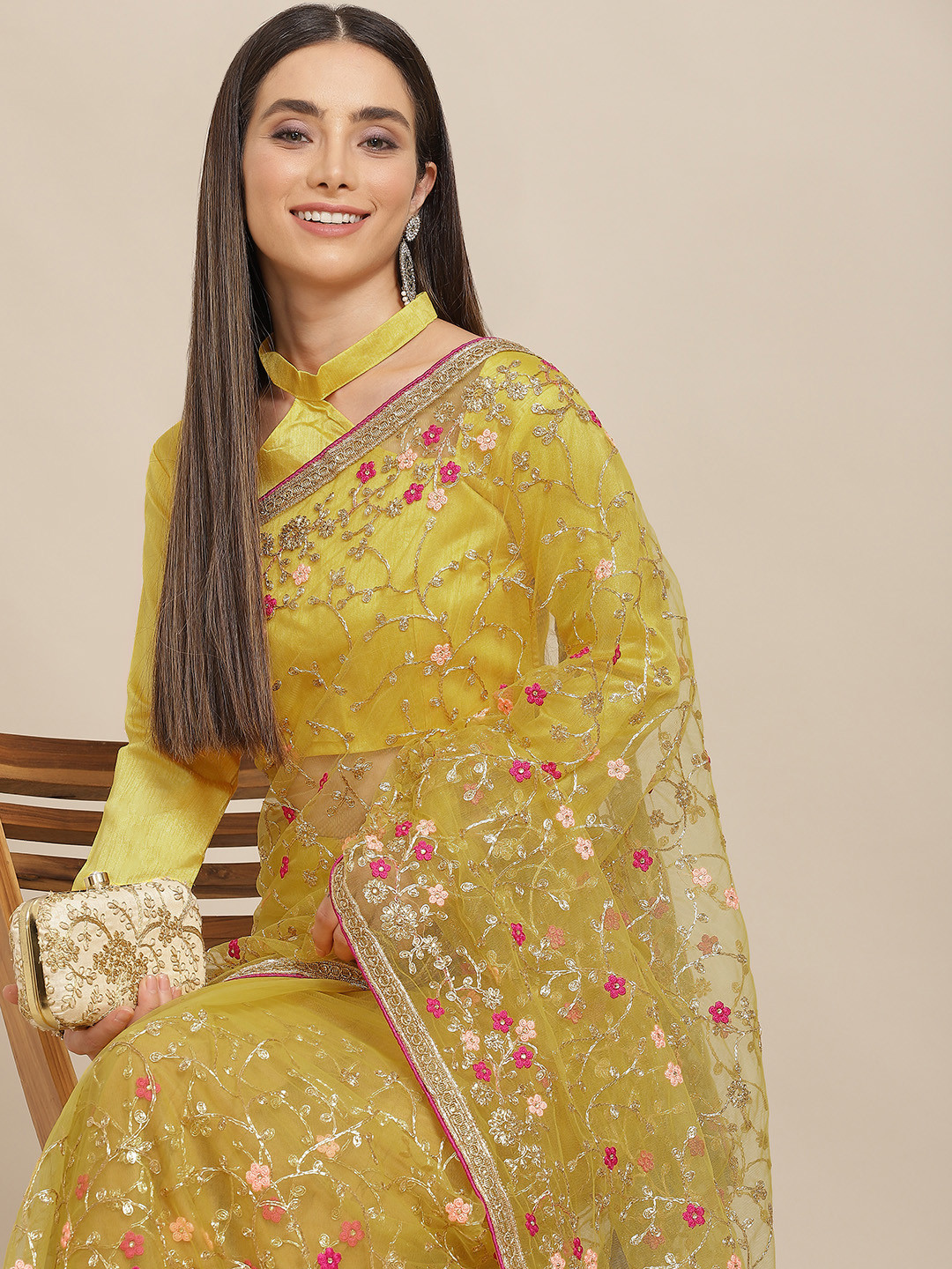 

SERONA FABRICS Yellow Striped Embroidered Net Saree