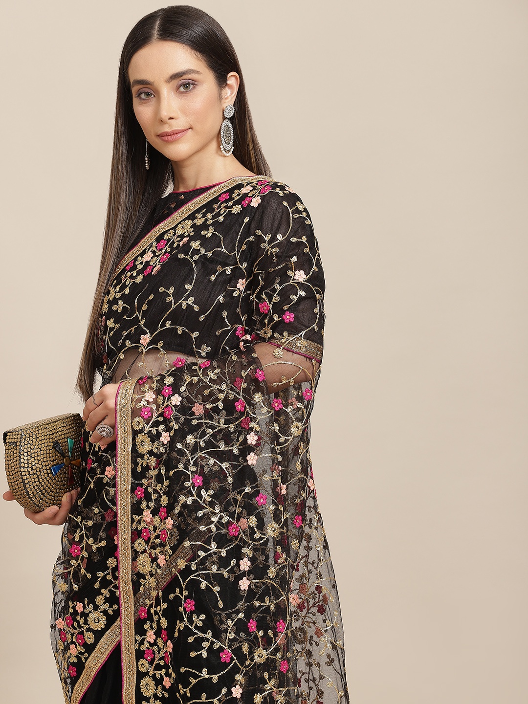 

SERONA FABRICS Black & Golden Ethnic Motifs Net Saree