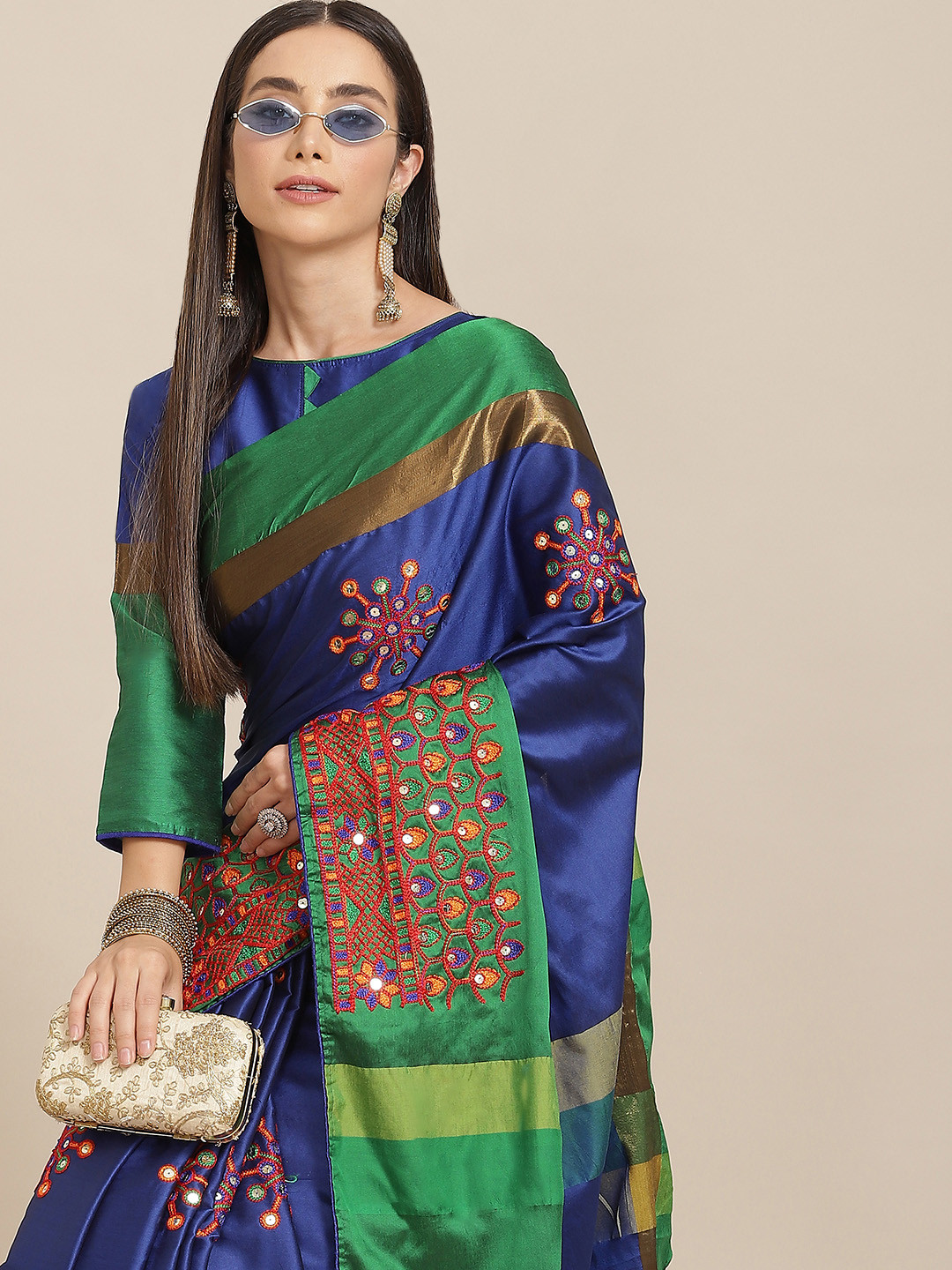 

SERONA FABRICS Blue & Green Ethnic Motifs Mirror Work Silk Cotton Saree