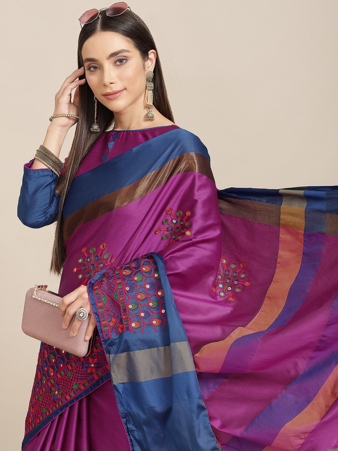 

SERONA FABRICS Purple & Blue Ethnic Motifs Sequinned Silk Cotton Saree
