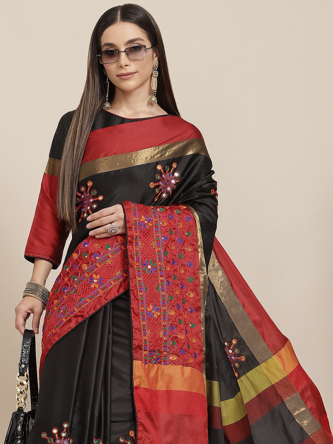 

SERONA FABRICS Black & Red Ethnic Motifs Sequinned Silk Cotton Saree