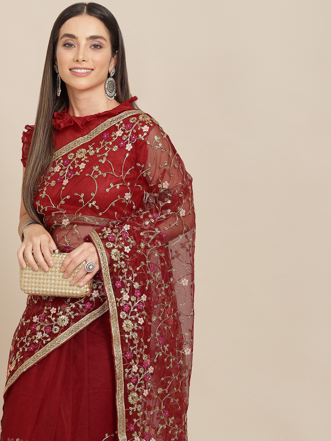 

SERONA FABRICS Red Ethnic Motifs Embroidered Net Saree