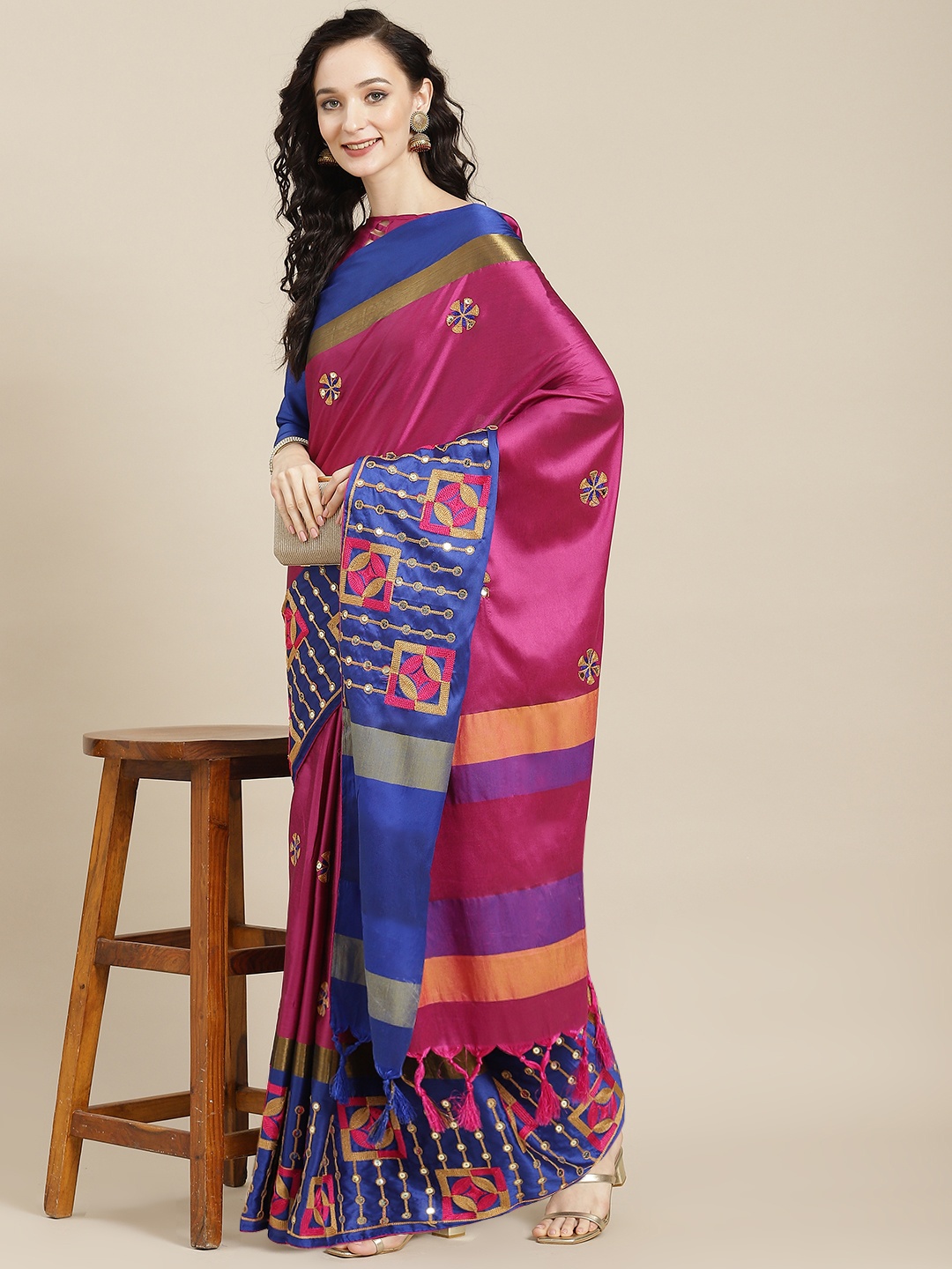 

SERONA FABRICS Pink & Blue Sequined & Embroidered Silk Cotton Saree With Blouse