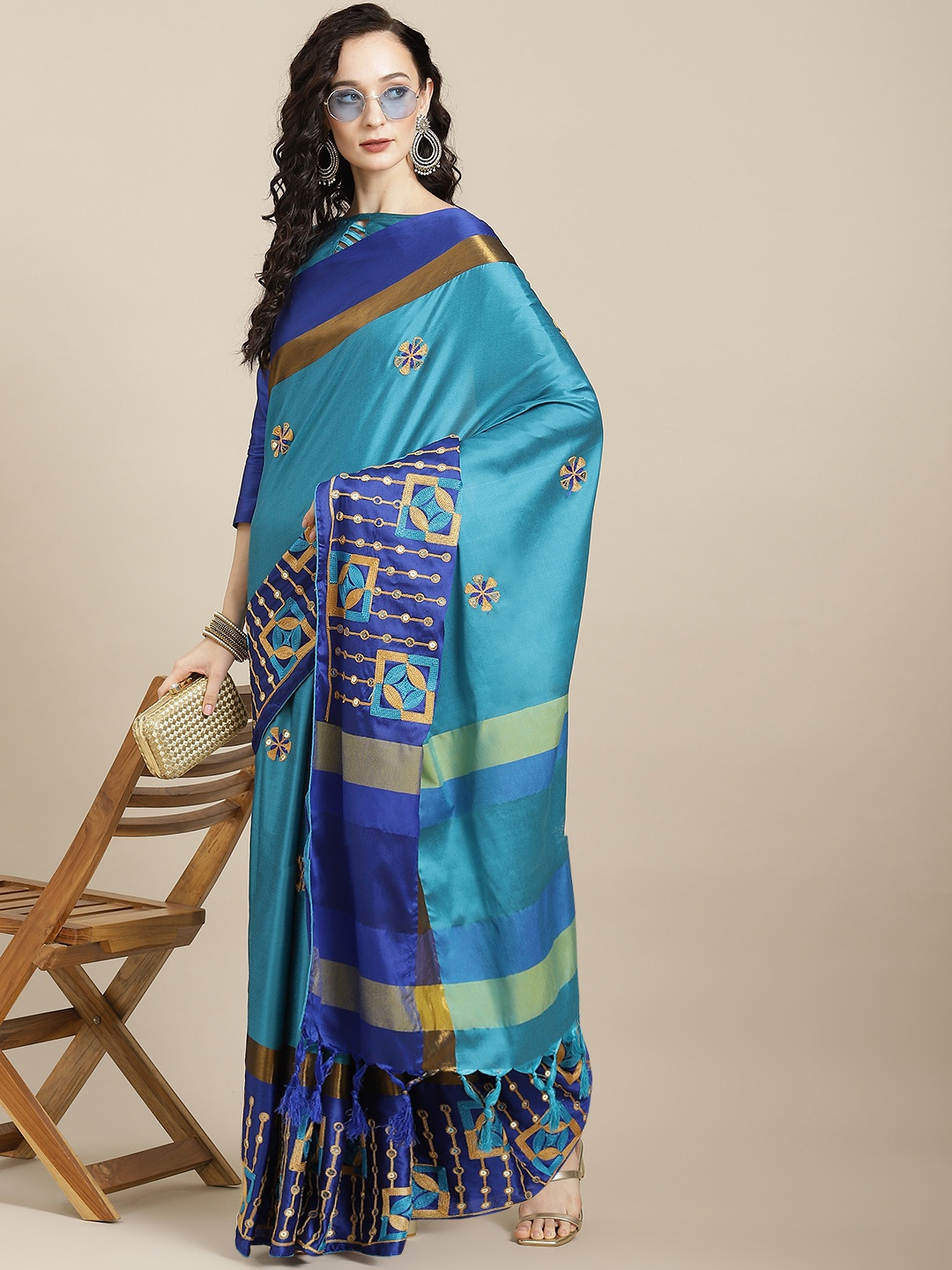 

SERONA FABRICS Turquoise Blue Sequined & Embroidered Silk Cotton Saree With Blouse