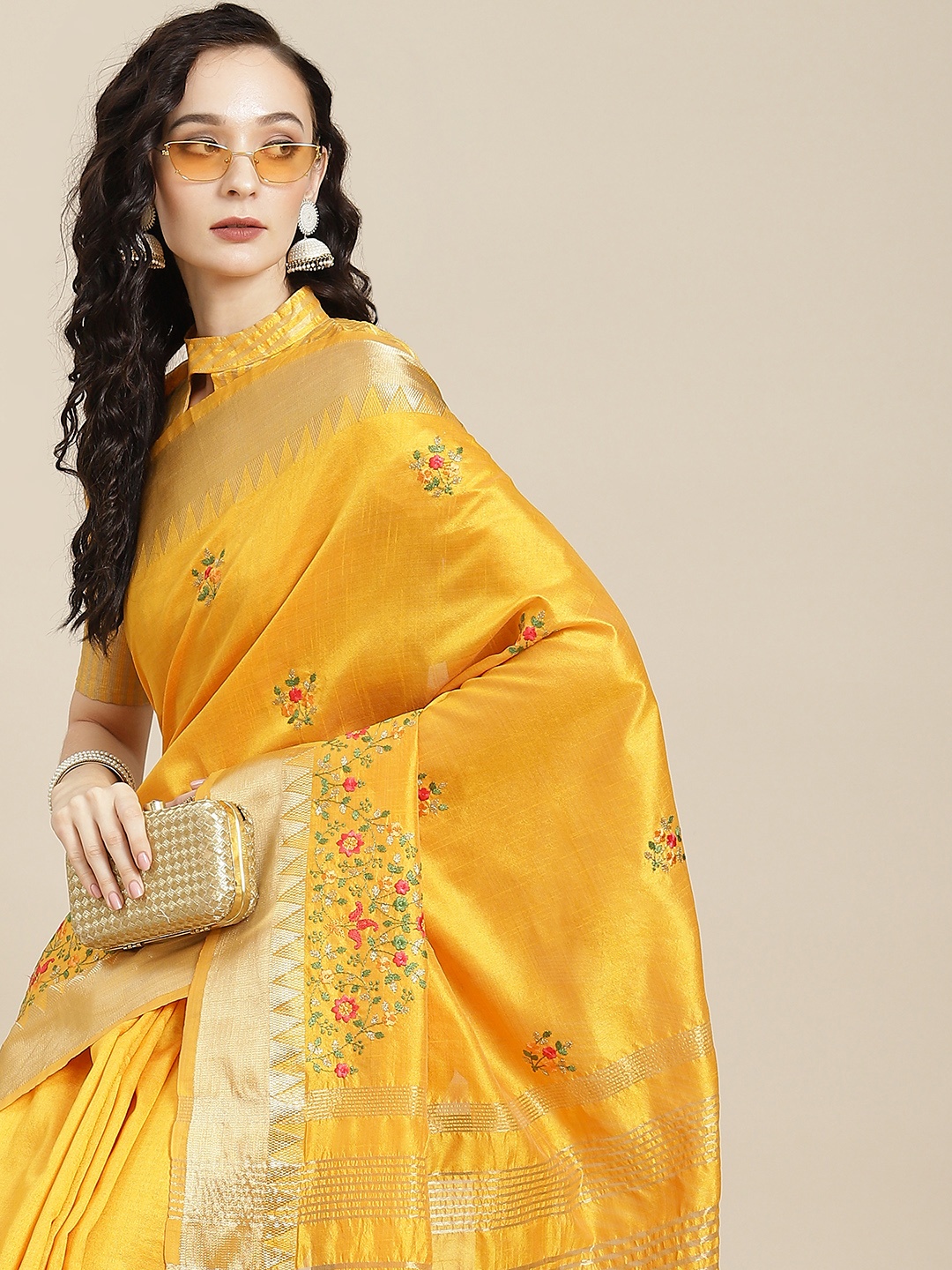 

SERONA FABRICS Yellow Floral Embroidered Woven Design Silk Cotton Saree with Blouse