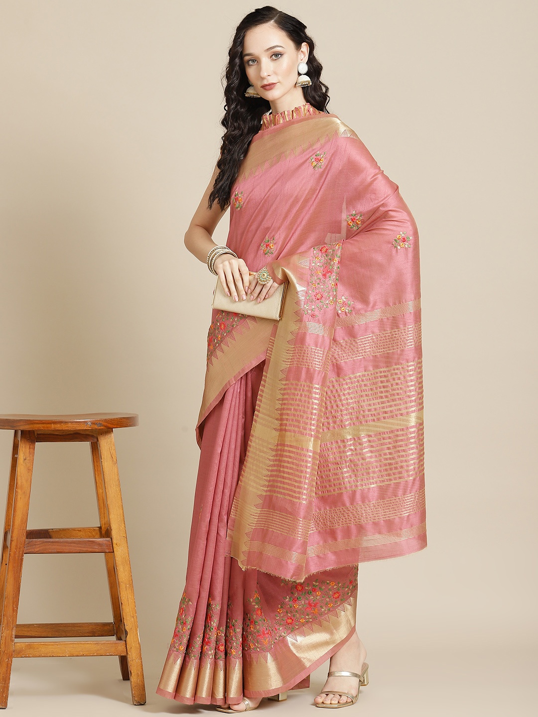 

SERONA FABRICS Pink Floral Embroidered Woven Design Silk Cotton Saree with Blouse