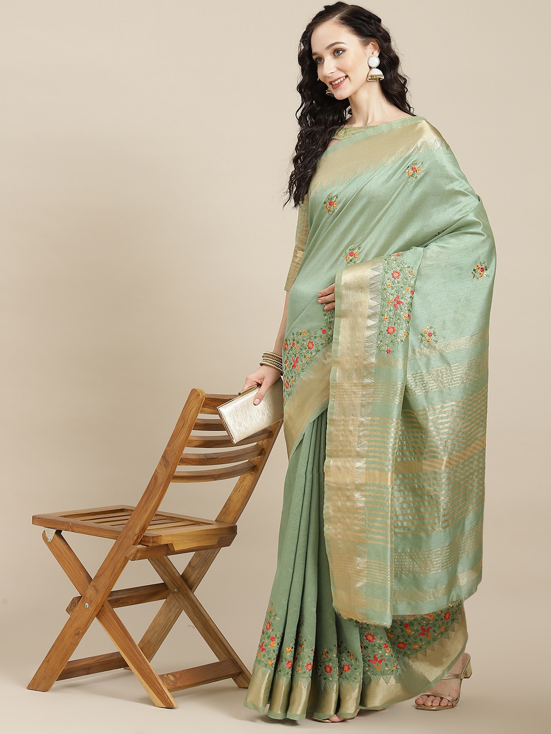 

SERONA FABRICS Green Floral Embroidered Woven Design Silk Cotton Saree with Blouse